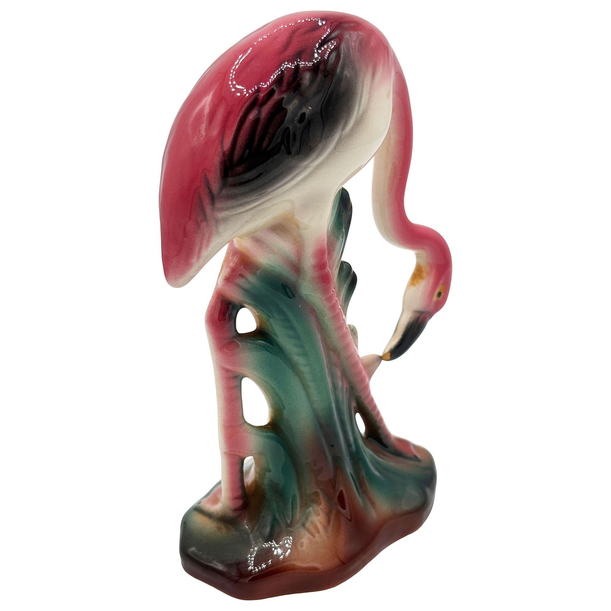 American Atomic California Pottery Ceramic Grazing Tropical Pink Flamingo Figurine Statue For Sale