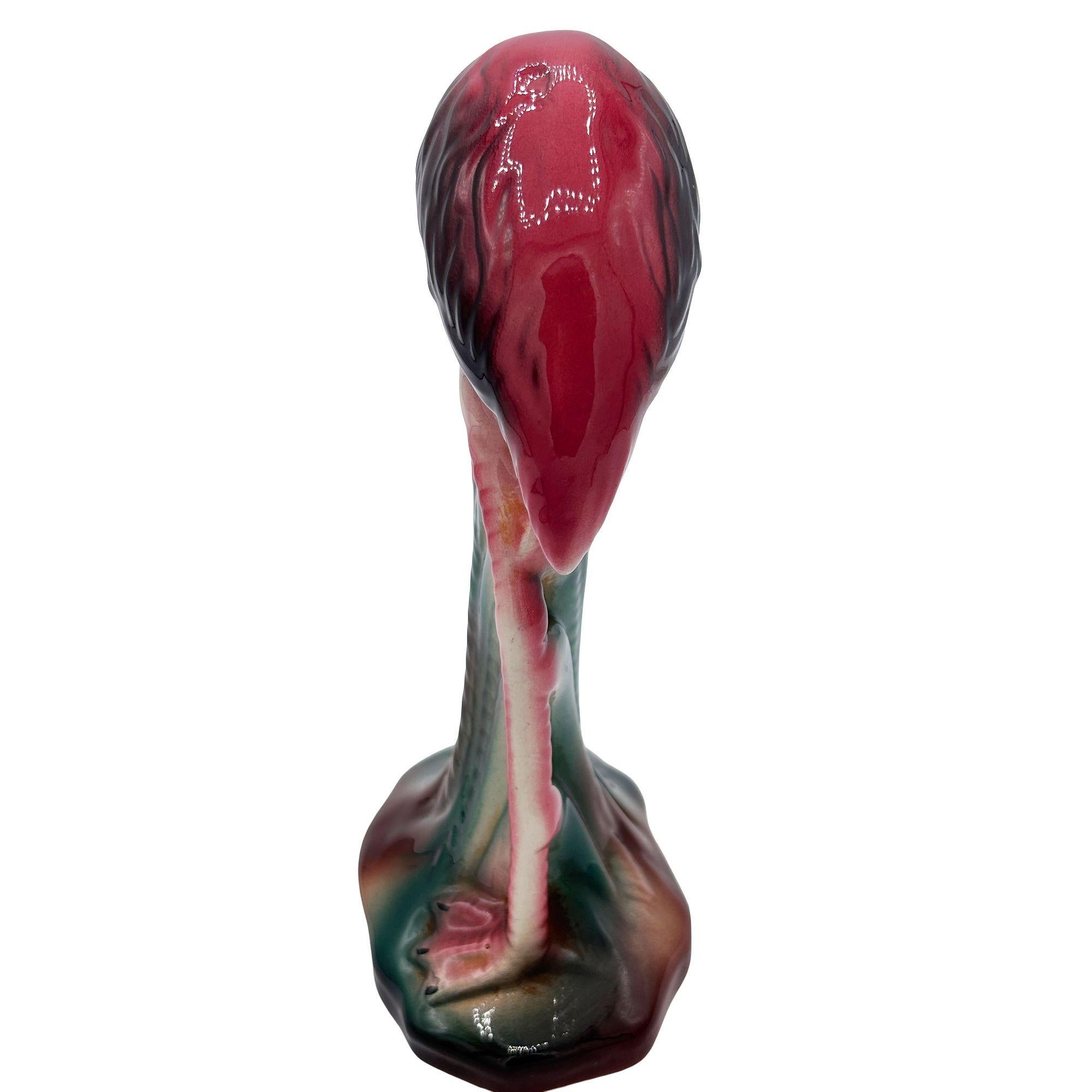 Mid-20th Century Atomic California Pottery Ceramic Grazing Tropical Pink Flamingo Figurine Statue For Sale