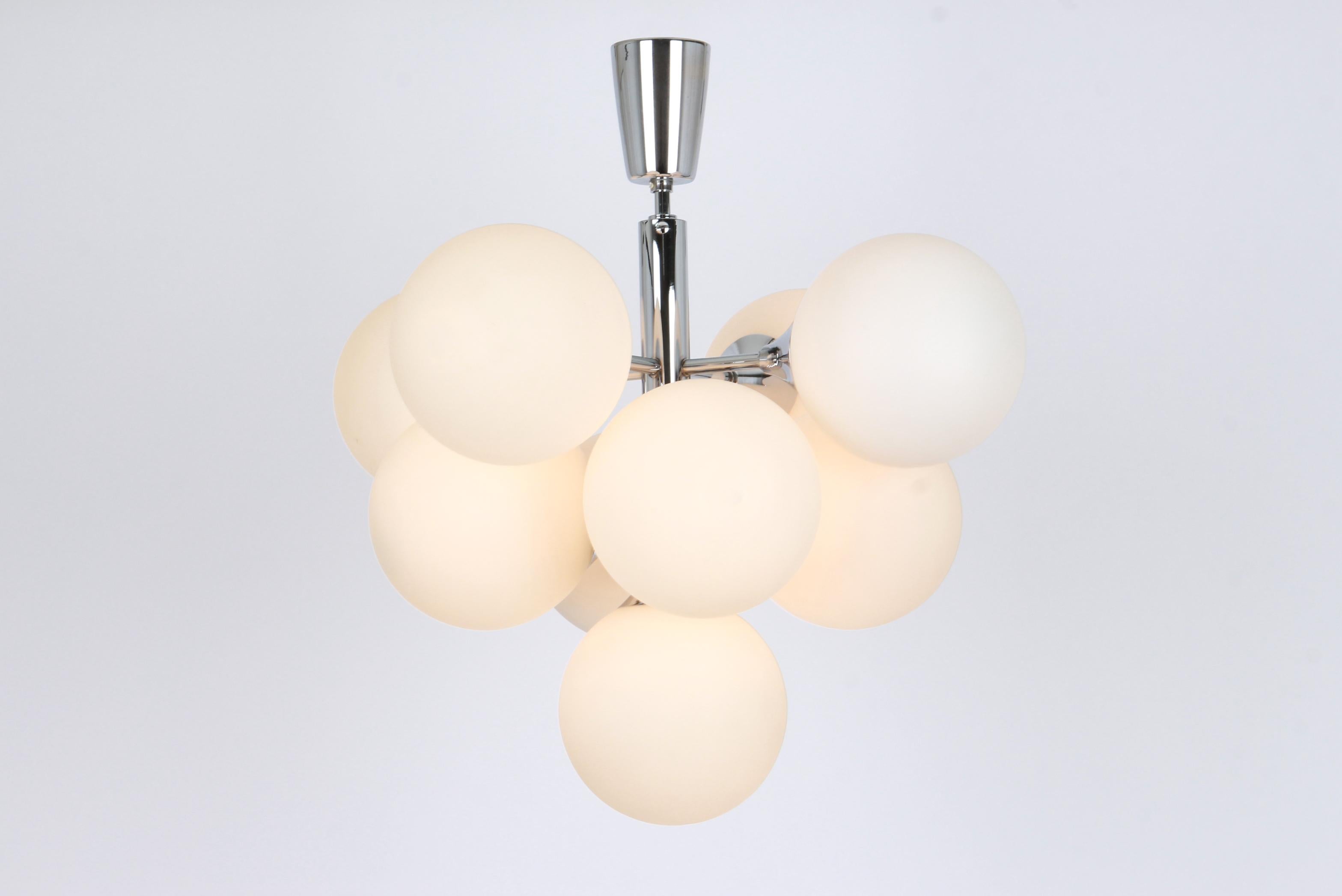 Opaline Glass Atomic Chrome Chandelier by Kaiser, Germany, 1960s For Sale