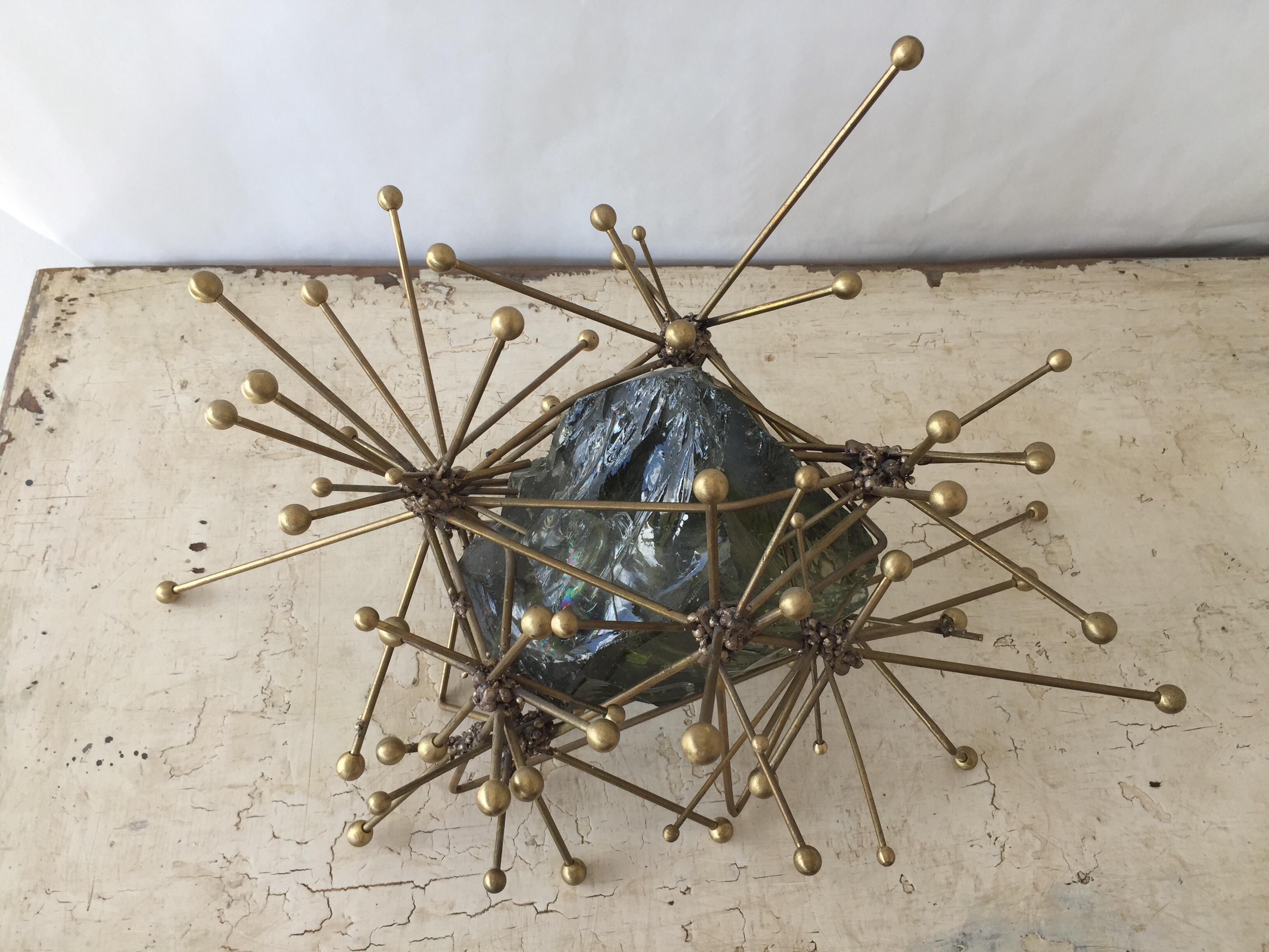 American Atomic Explosion Brass and Raw Glass Block Sculpture For Sale