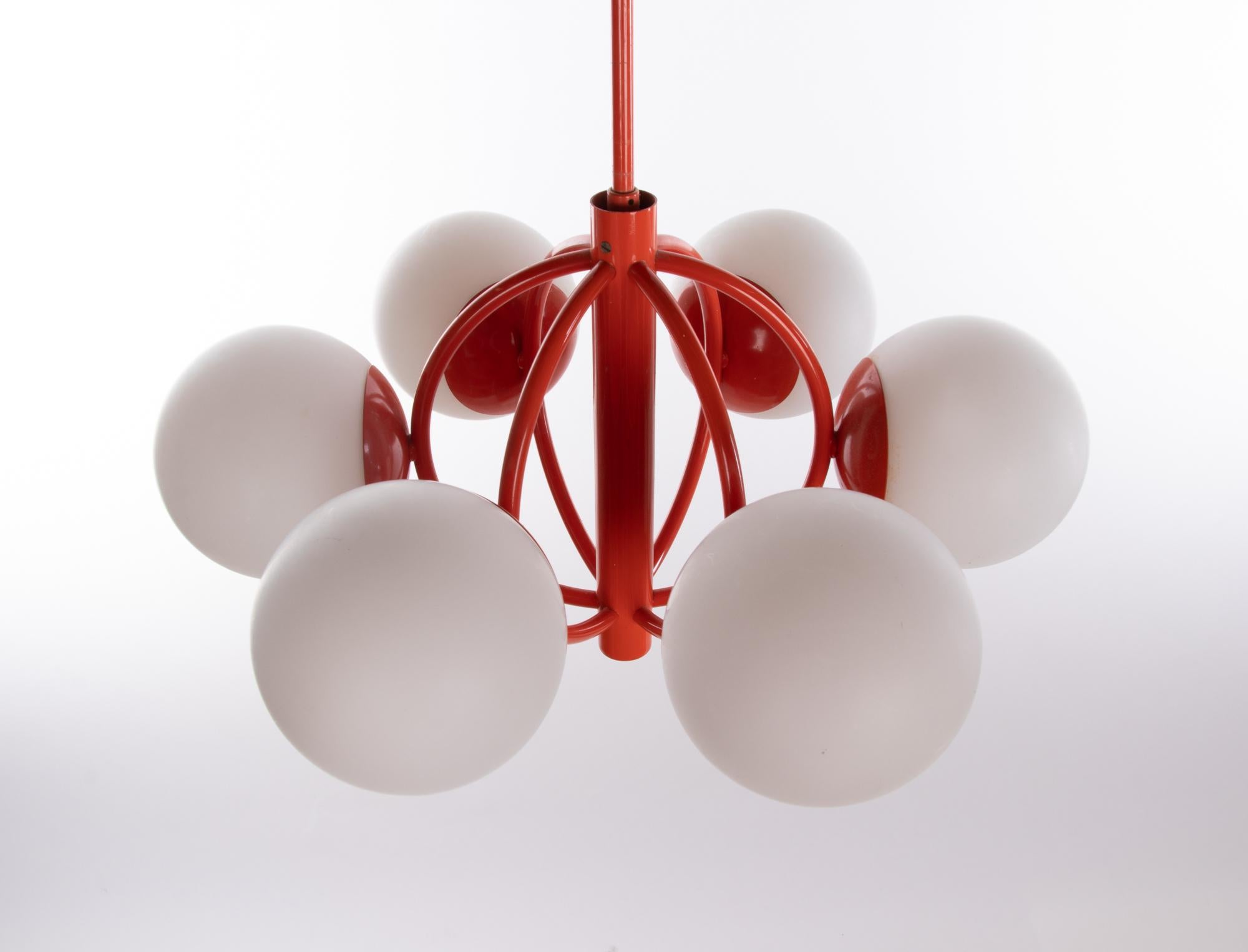 Mid-Century Modern Atomic Glass Globes Chandelier White & Orange by Kaiser, Germany, 1960s