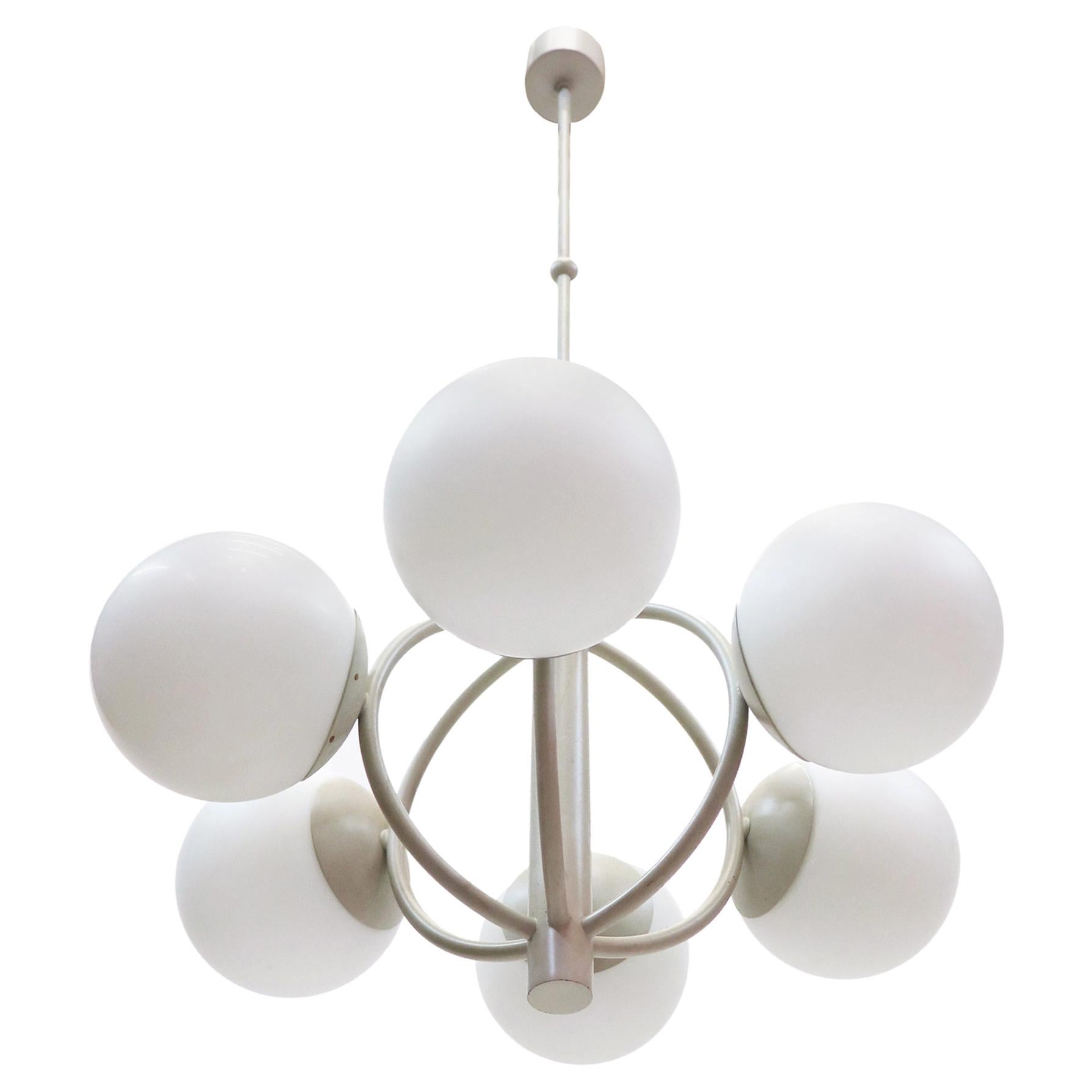 1960 Germany Kaiser Molecular Satellite Chandelier With 6 White Glass Globes