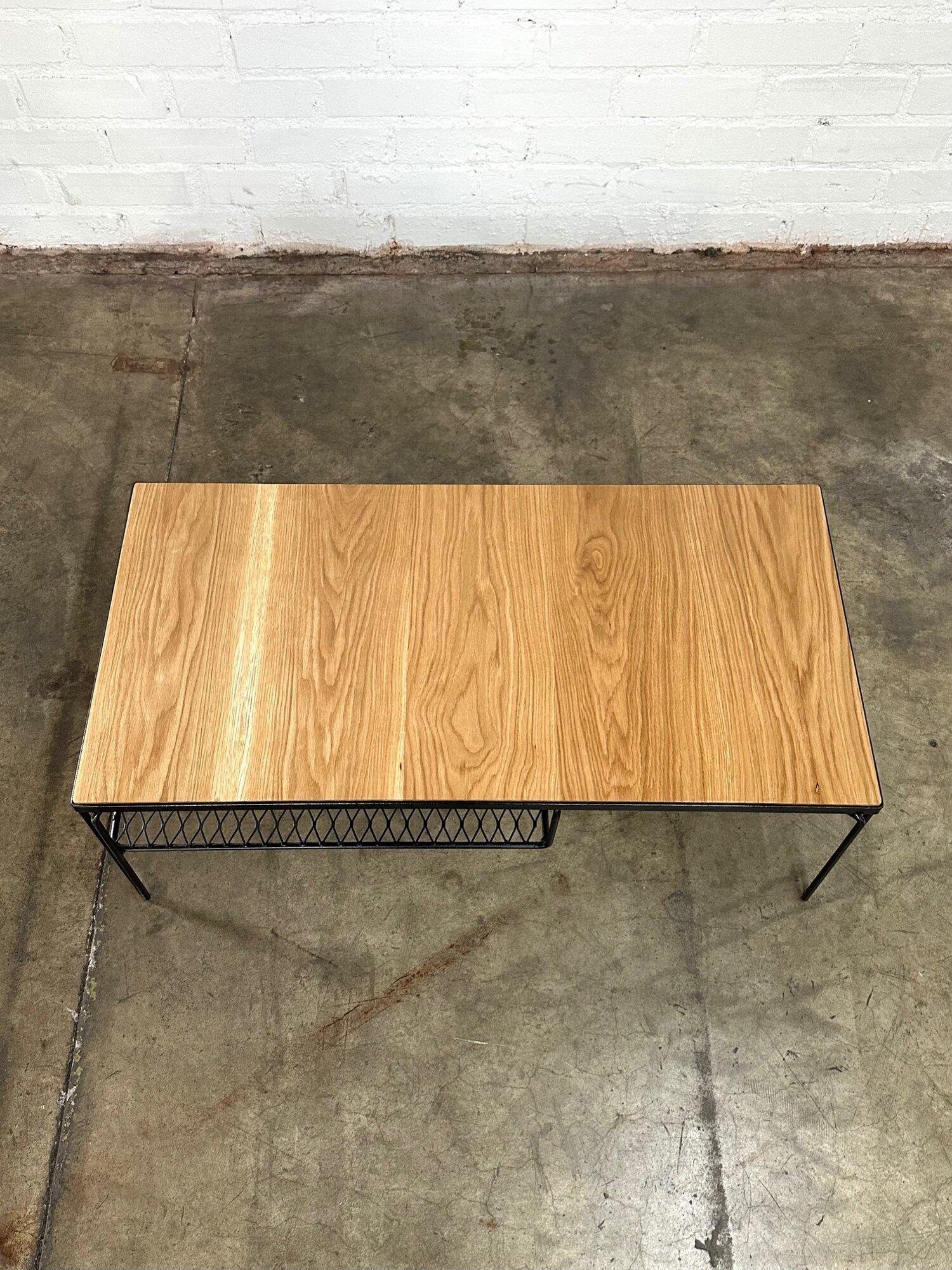 Oak Atomic iron and oak coffee table For Sale