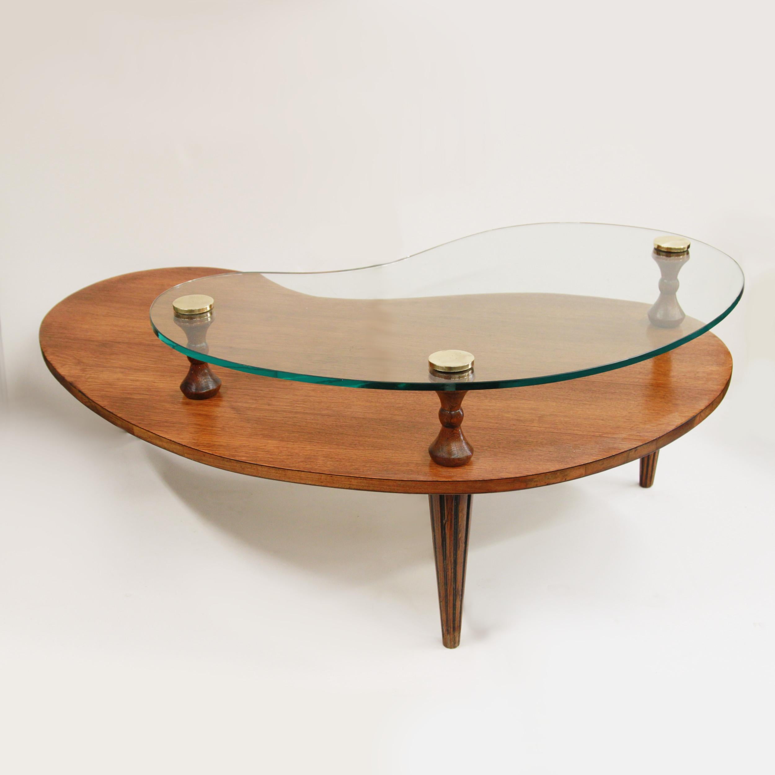 Mid-Century Modern Atomic Mid Century Modern Biomorphic Kidney Shaped Glass & Oak Coffee Table For Sale