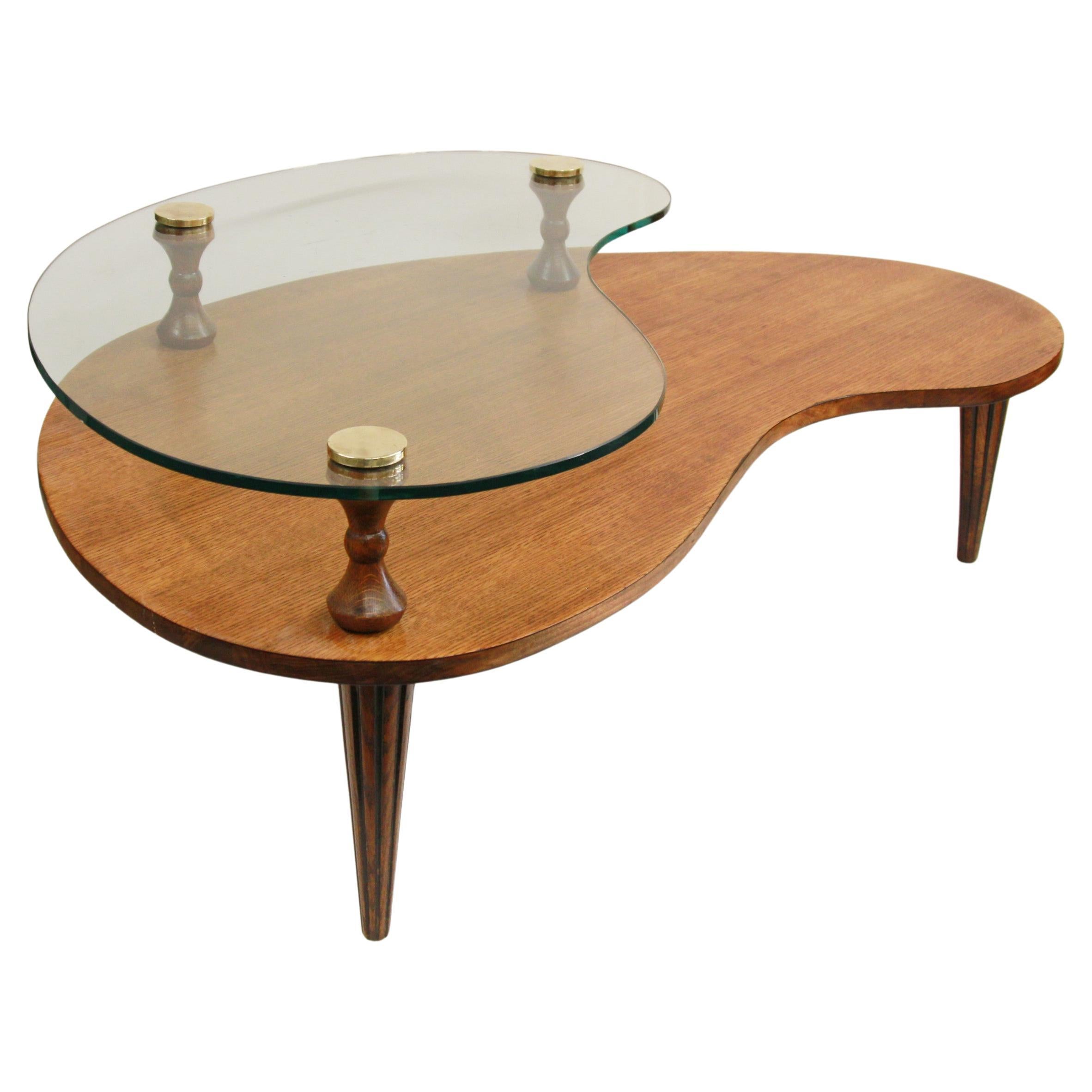 Atomic Mid Century Modern Biomorphic Kidney Shaped Glass & Oak Coffee Table For Sale