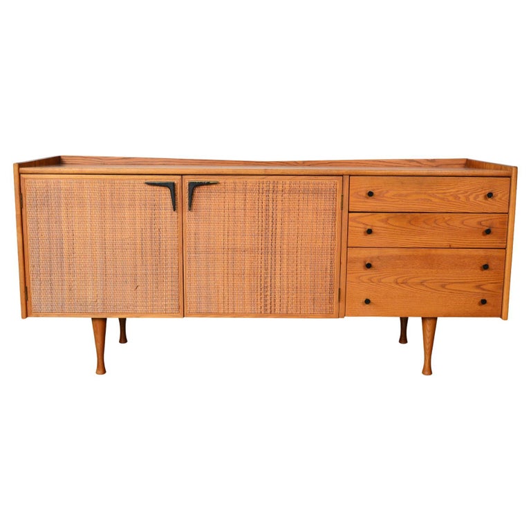 Atomic Mid Century Modern Credenza in Oak and Cane For Sale at 1stDibs