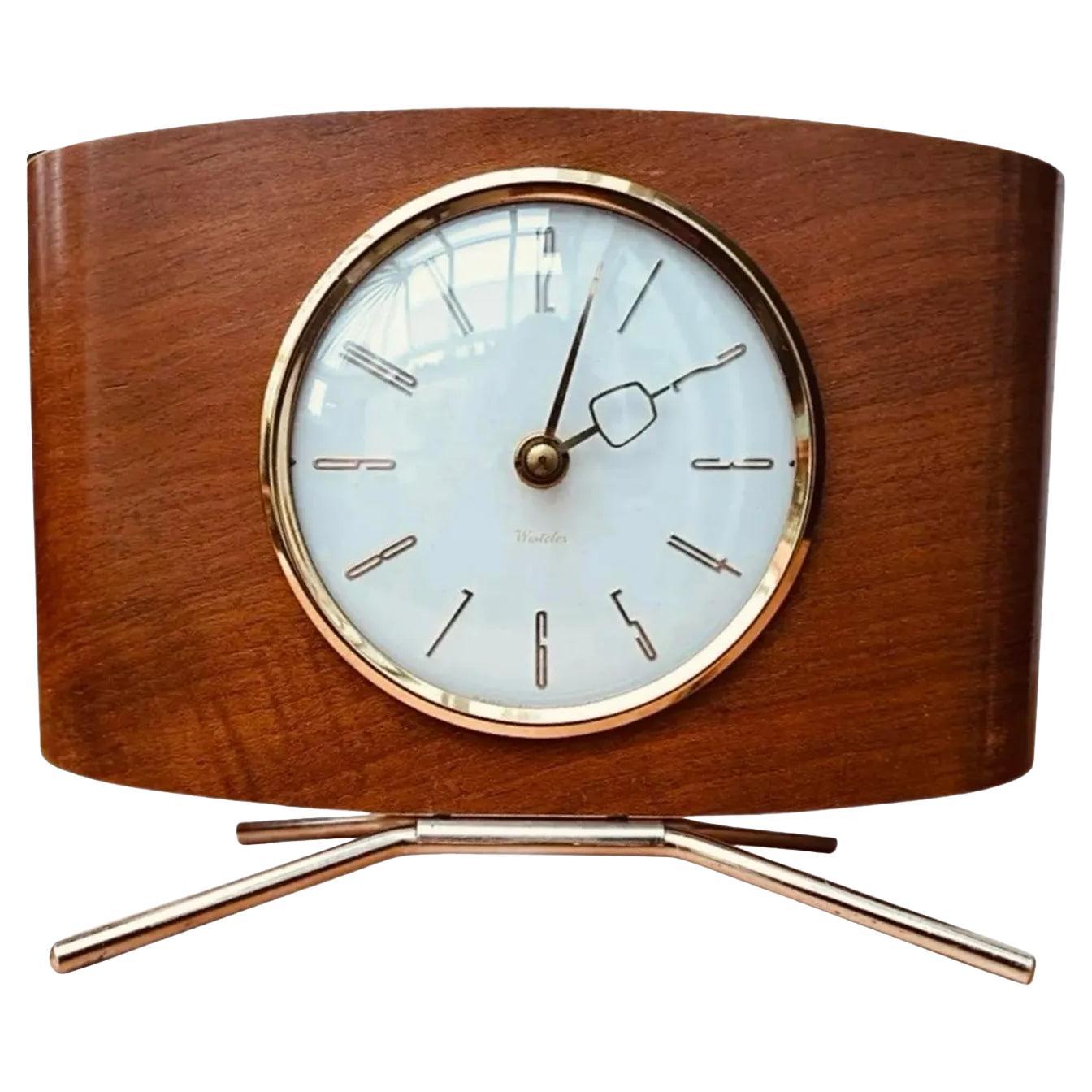 Atomic Mid Century Teak Danish Modern European Westclox Pedestal Mantel Clock