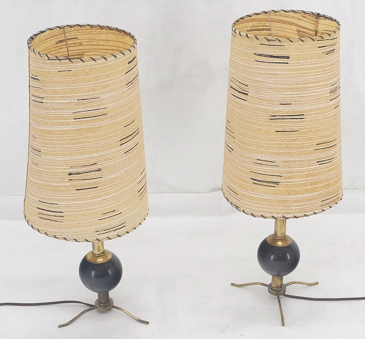 Sputnik Atomic Nucleus Ball Shape on Brass Tripod Legs Stitched Shades Table Lamps MINT!