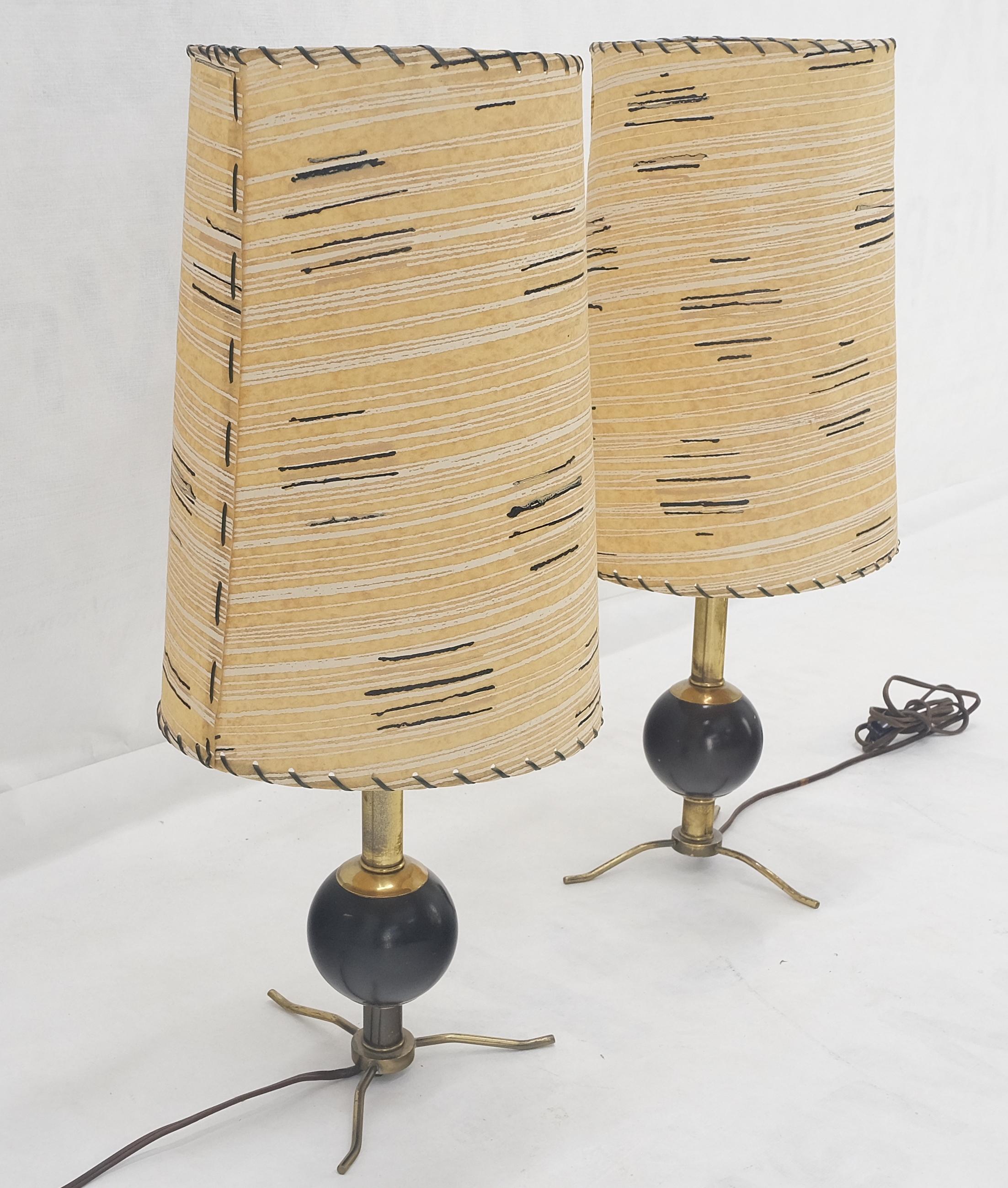 20th Century Atomic Nucleus Ball Shape on Brass Tripod Legs Stitched Shades Table Lamps MINT!