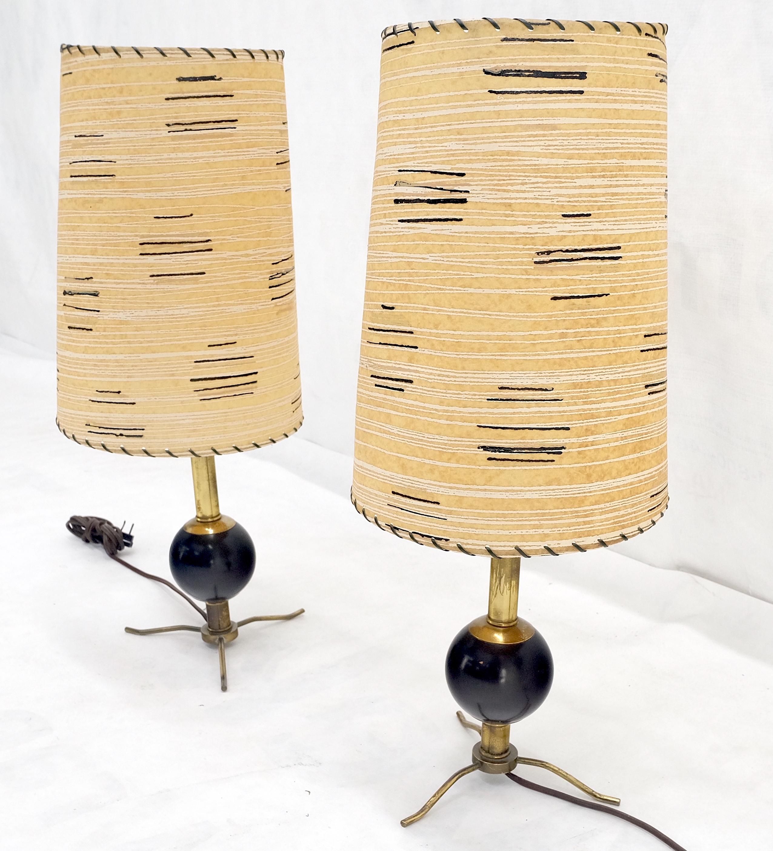 Atomic Nucleus Ball Shape on Brass Tripod Legs Stitched Shades Table Lamps MINT! 1