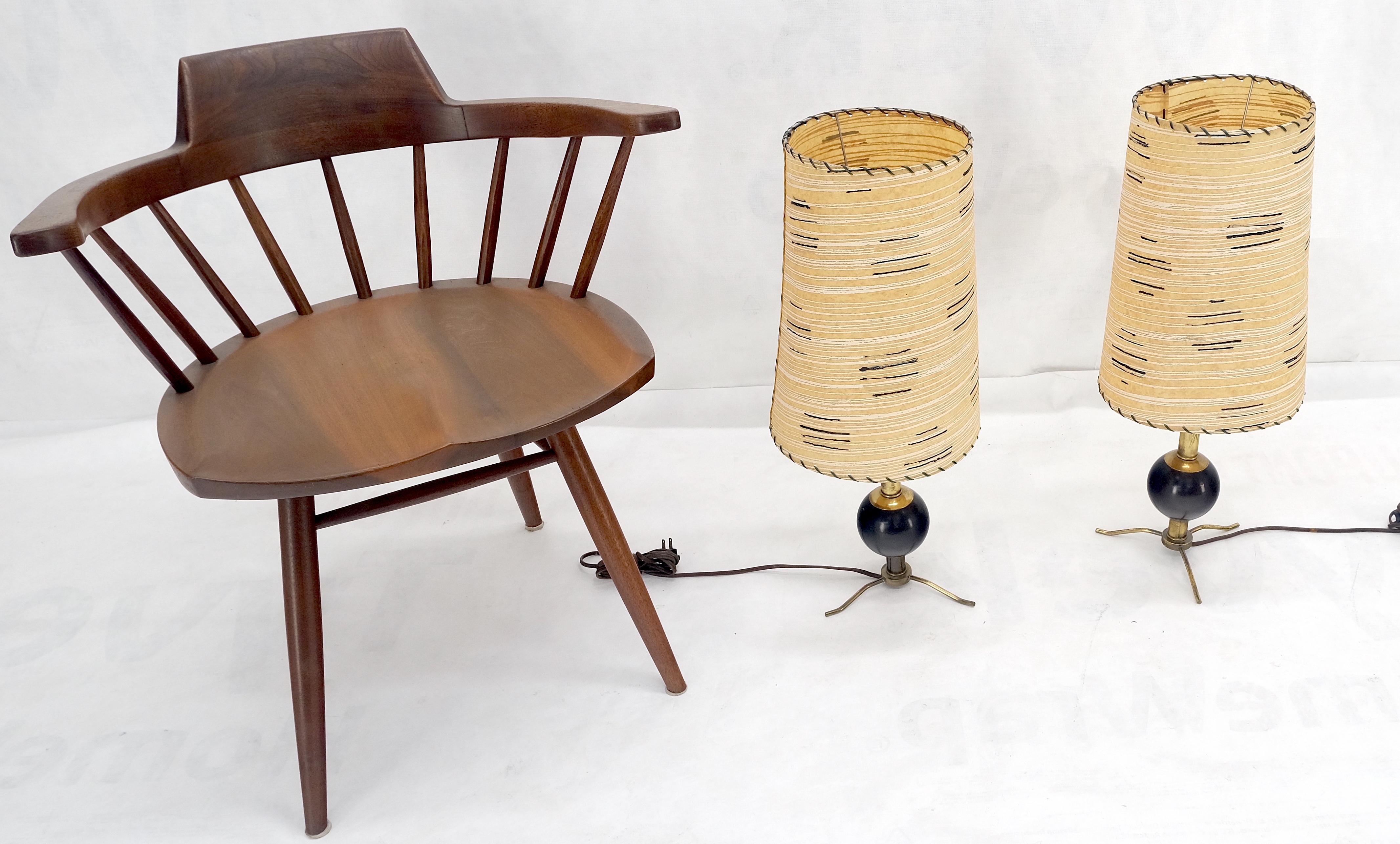 Atomic Nucleus Ball Shape on Brass Tripod Legs Stitched Shades Table Lamps MINT! 2