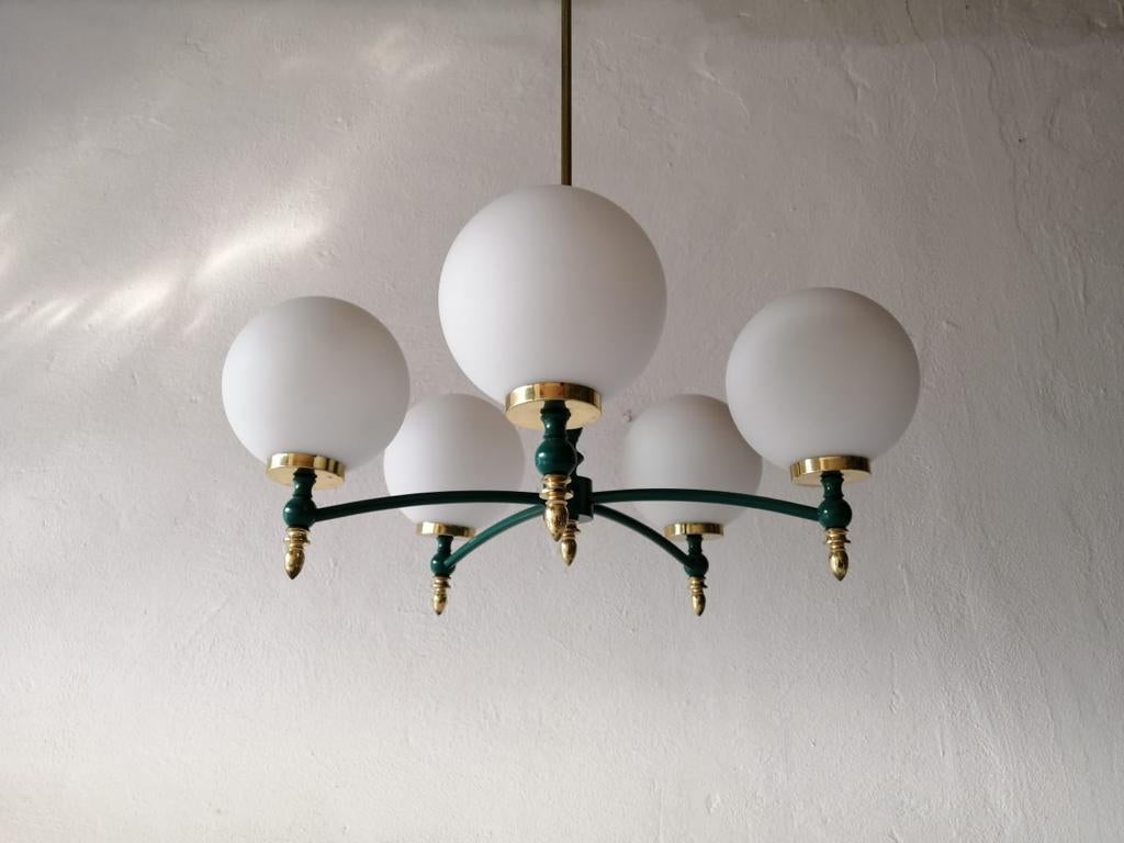 Atomic Opal Glass Balls & Green Metal 5 Armed Chandelier, 1970s, Germany In Good Condition For Sale In Hagenbach, DE
