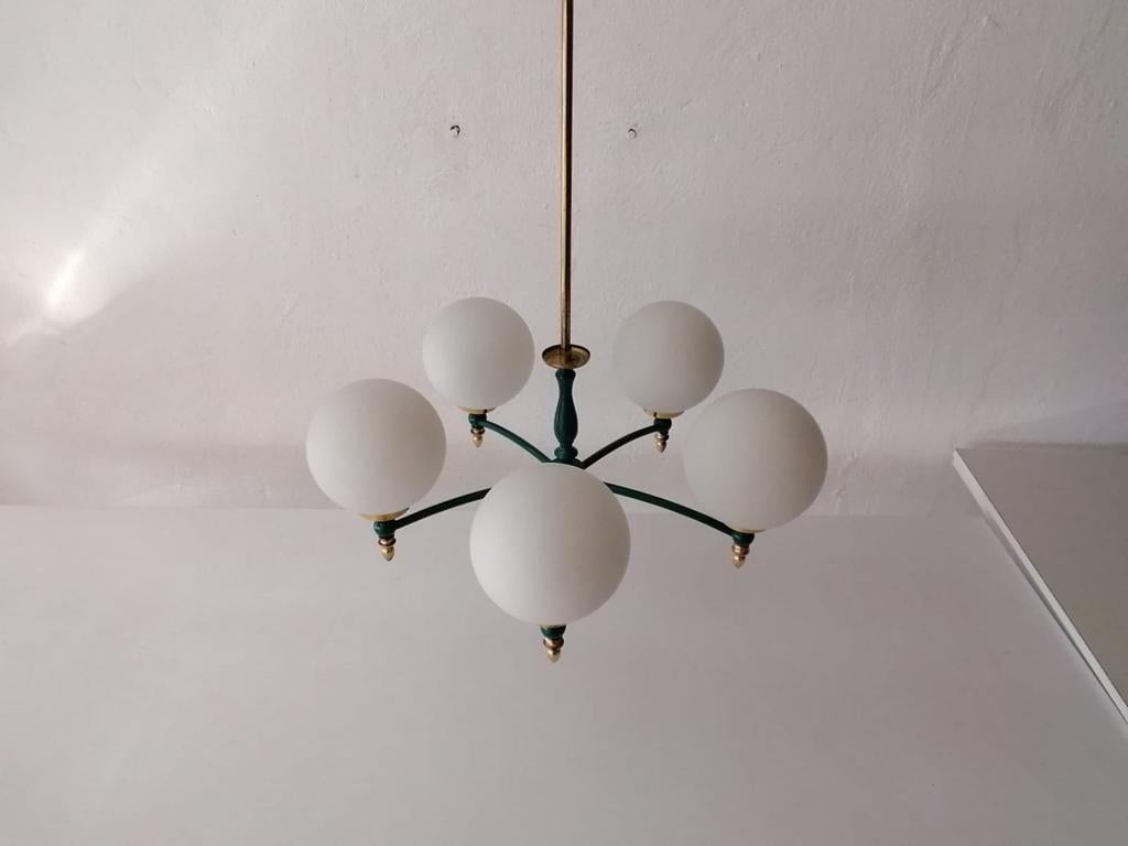 Late 20th Century Atomic Opal Glass Balls & Green Metal 5 Armed Chandelier, 1970s, Germany For Sale