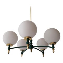 Vintage Atomic Opal Glass Balls & Green Metal 5 Armed Chandelier, 1970s, Germany