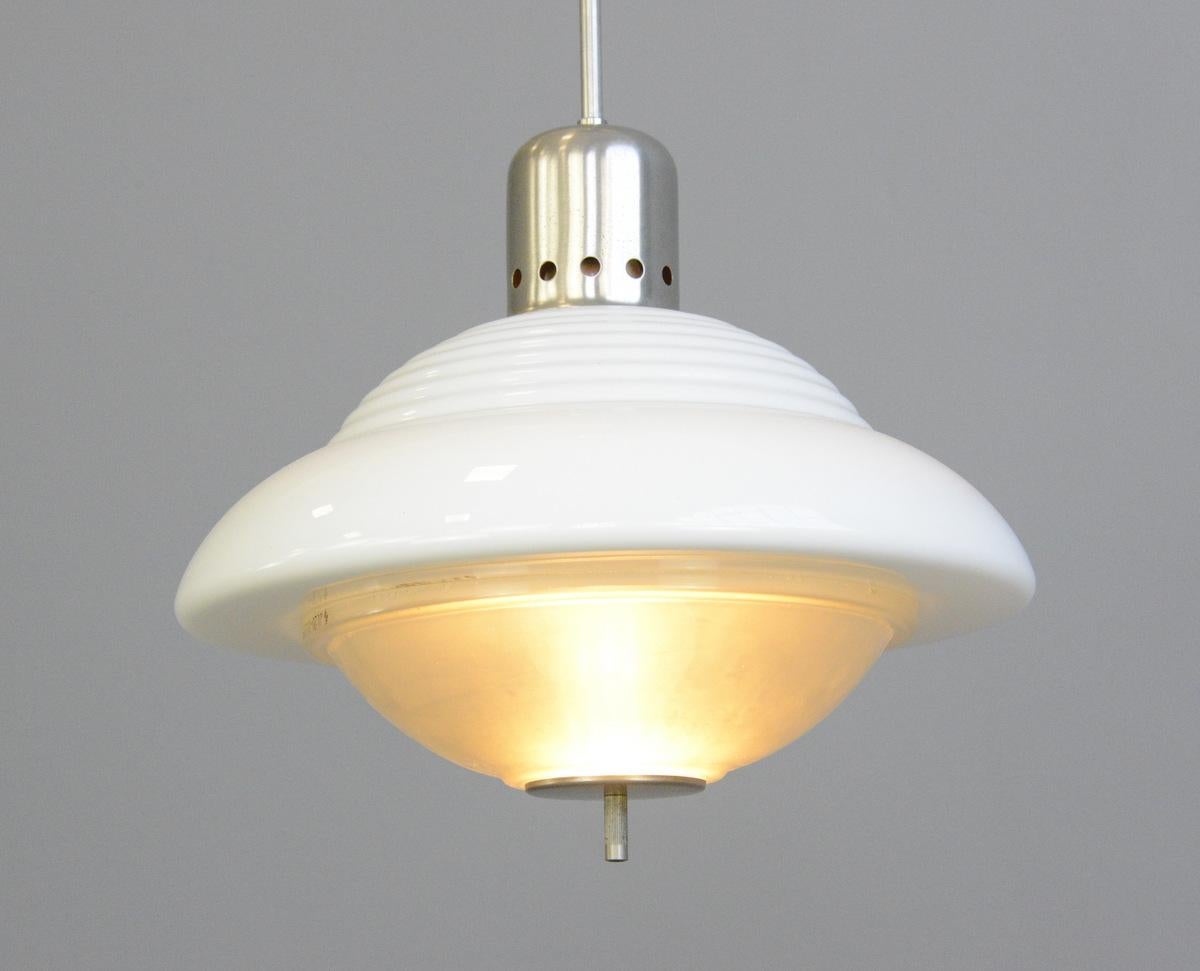 Atomic pendant light by Siemens, circa 1950s.

- Chrome gallery, stem and ceiling rose
- Stepped opaline glass with acid etched bowl
- Mercury glass inner reflector
- Takes E27 fitting bulbs
- Model JL20 J3
- Produced by Siemens, Berlin
-