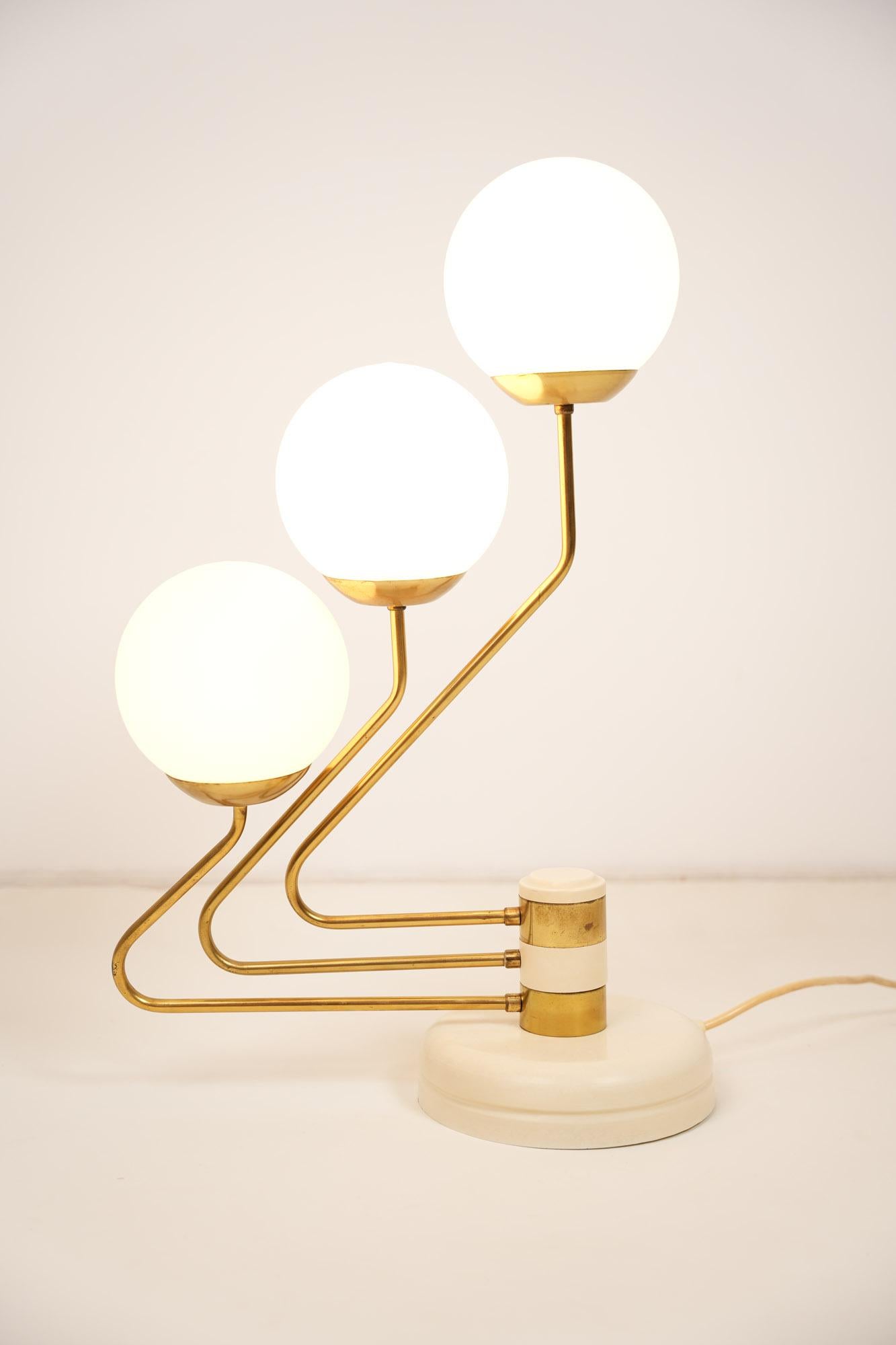 Atomic Brass Plated Opaline Glass Adjustable Table Lamp 1970s