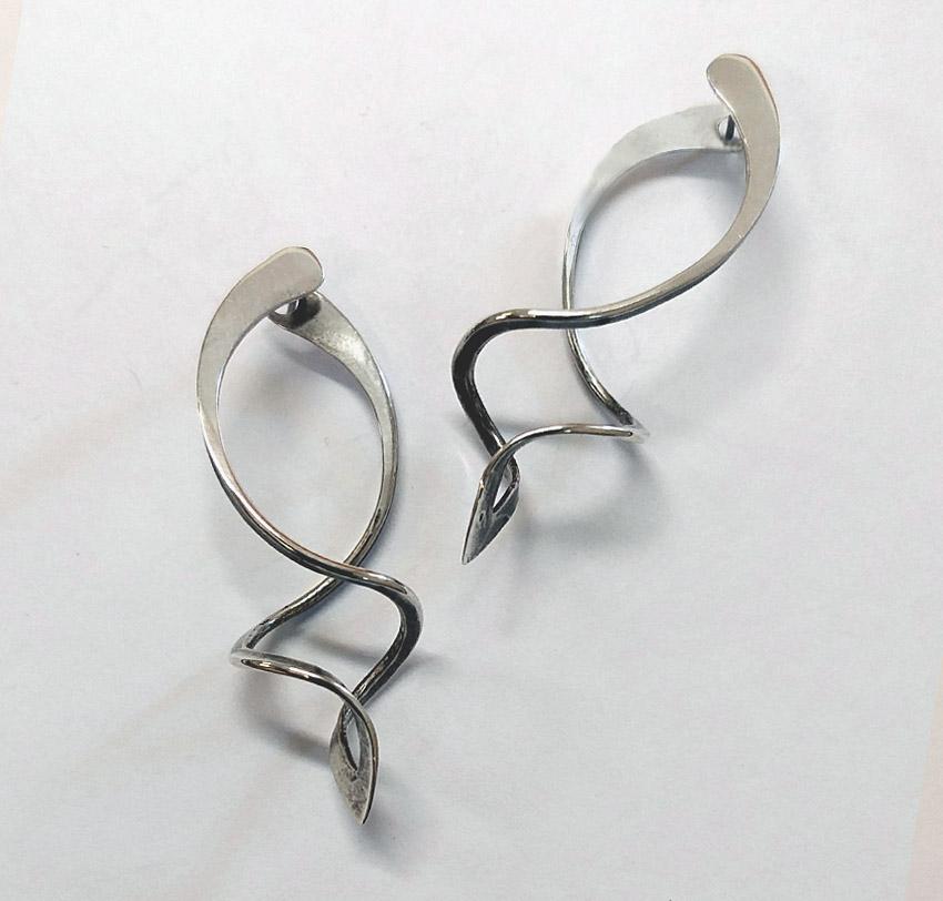 Modernist Atomic Spirals, Gerhard Herbst Studio Silver Dangles, Mid Century Style Earrings For Sale