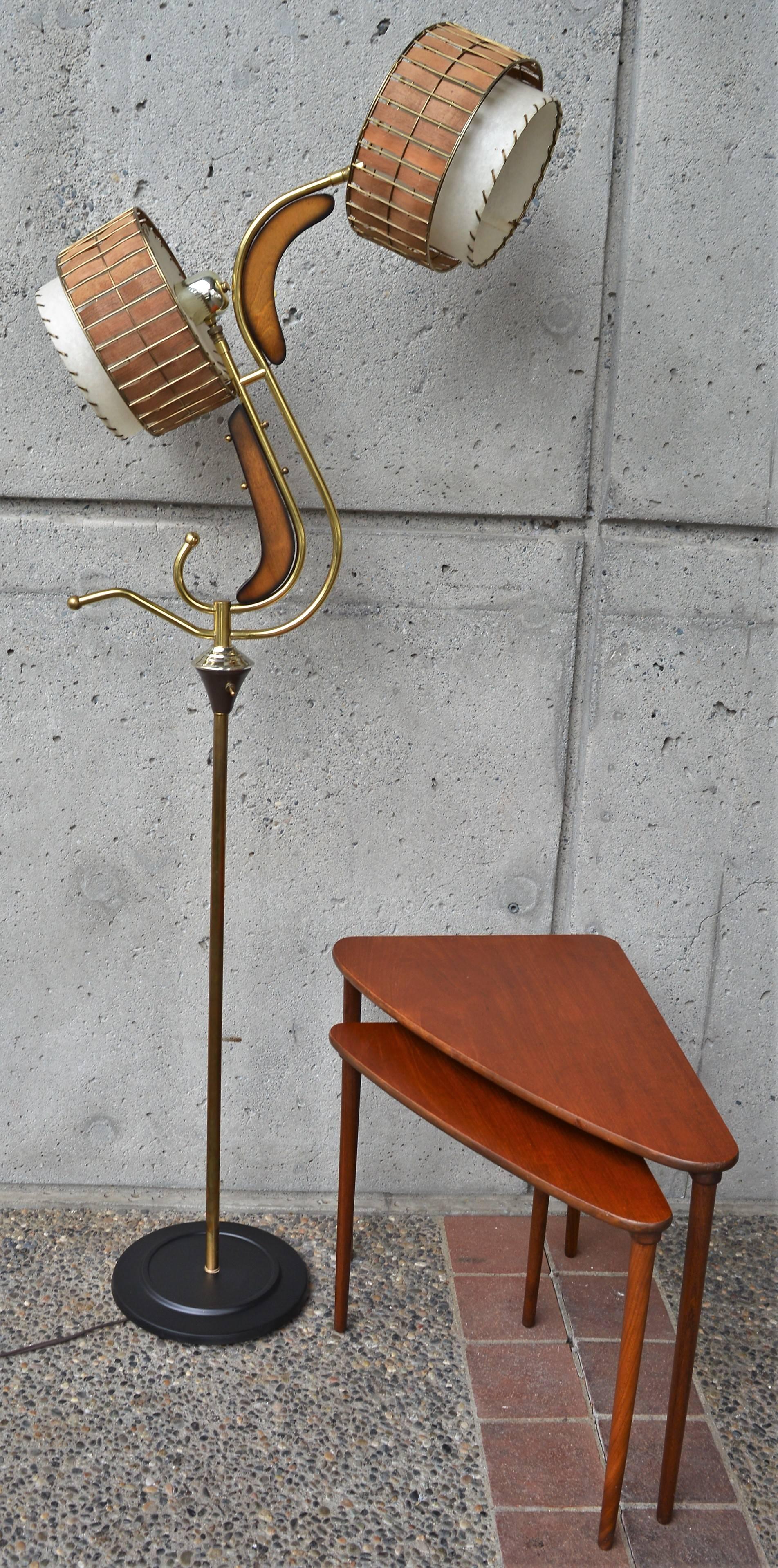 American Atomic Style Majestic Floor Lamp with Original Fibreglass and Wood Slat Shades For Sale