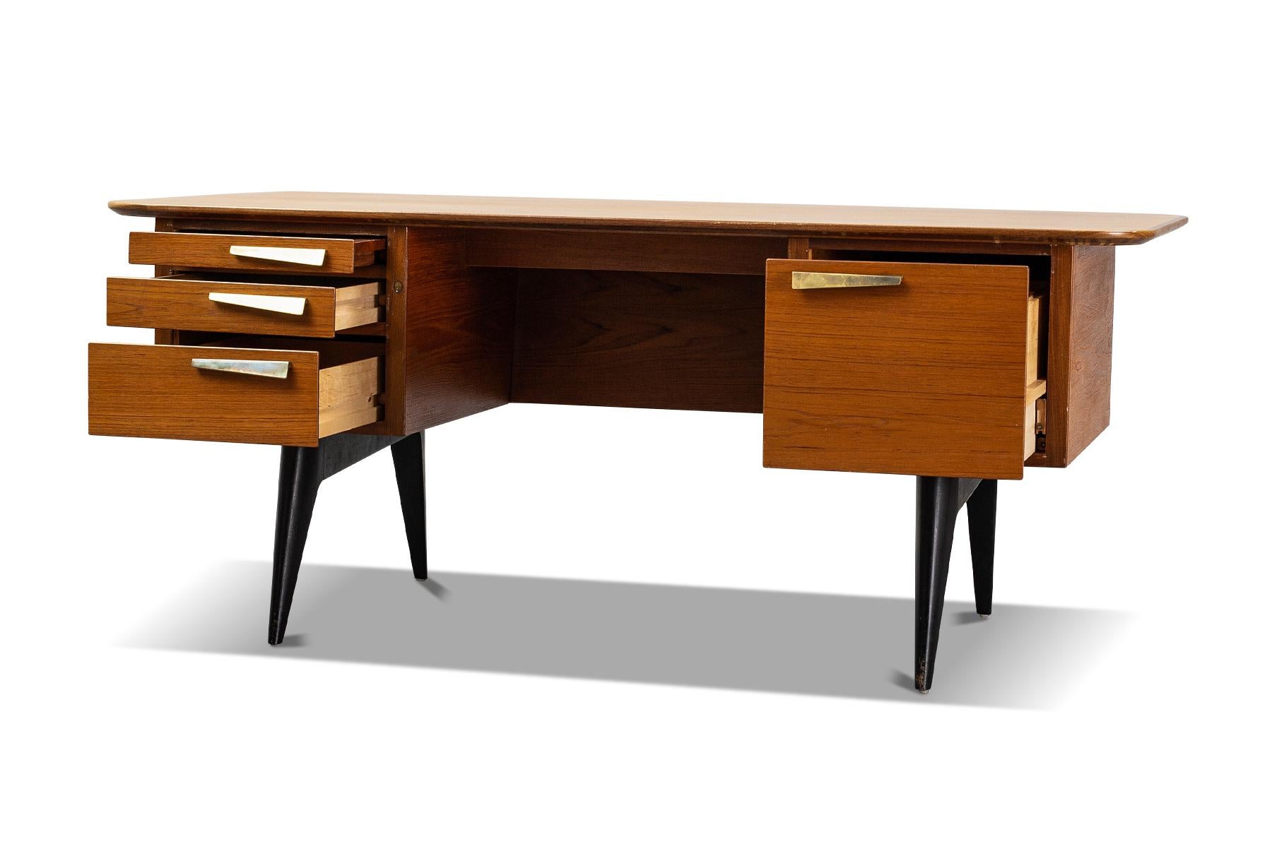 Mid-Century Modern Atomic Teak + Brass Desk by Hadar Schmidt