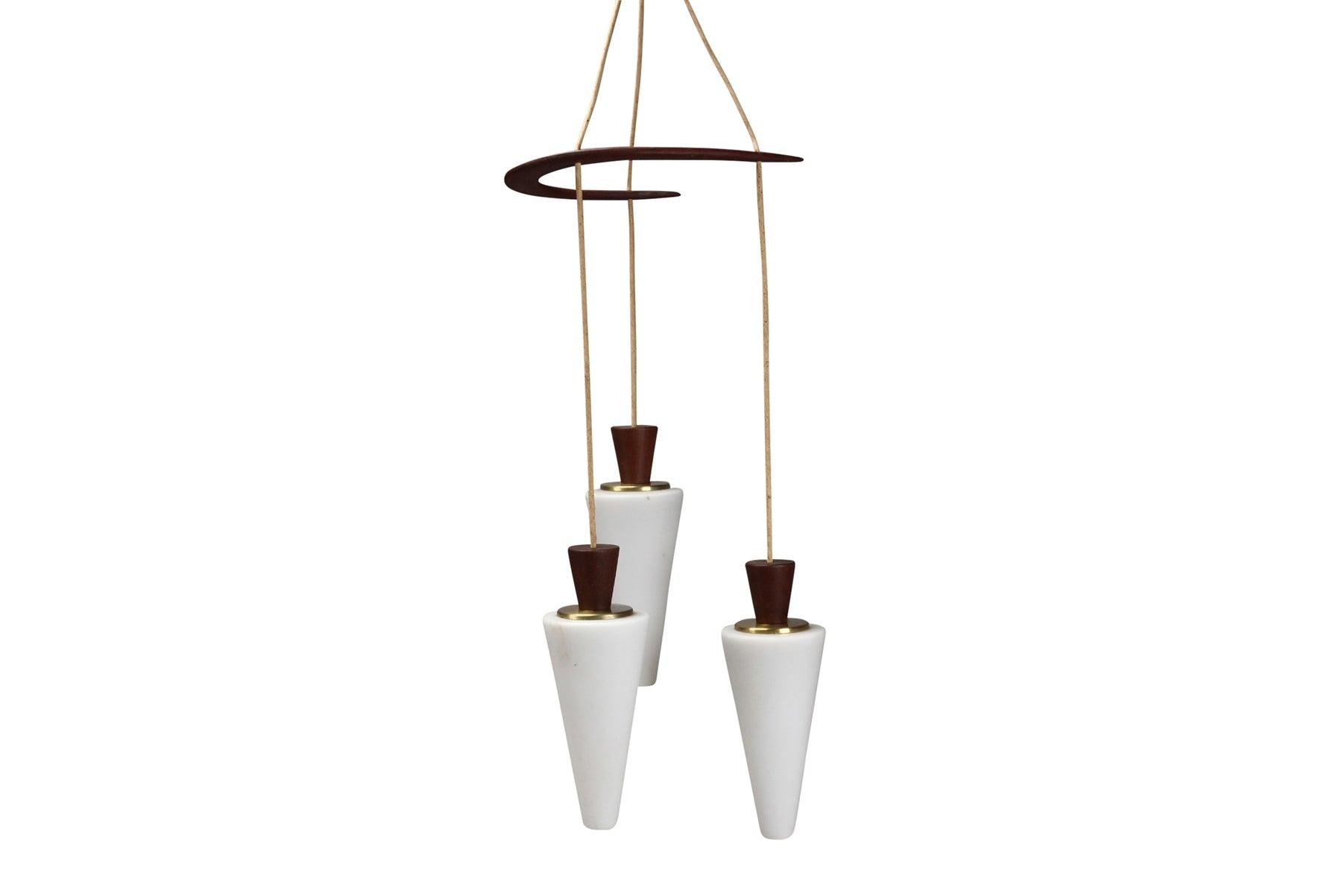 Rosewood Atomic Tri-Pendant Lamp In Teak With Frosted Glass Cones For Sale