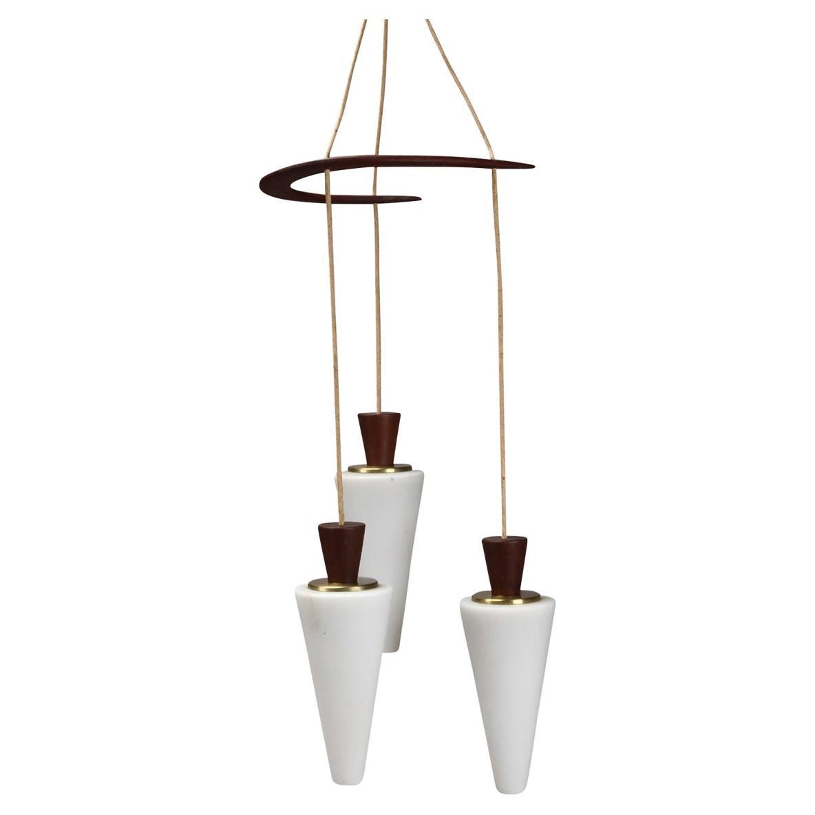 Atomic Tri-Pendant Lamp In Teak With Frosted Glass Cones For Sale