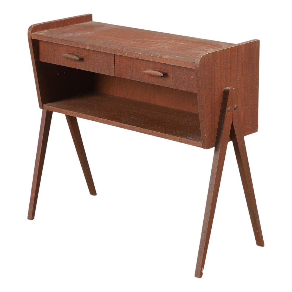 Atomic v - Legged Two Drawer Entry Chest in Teak For Sale