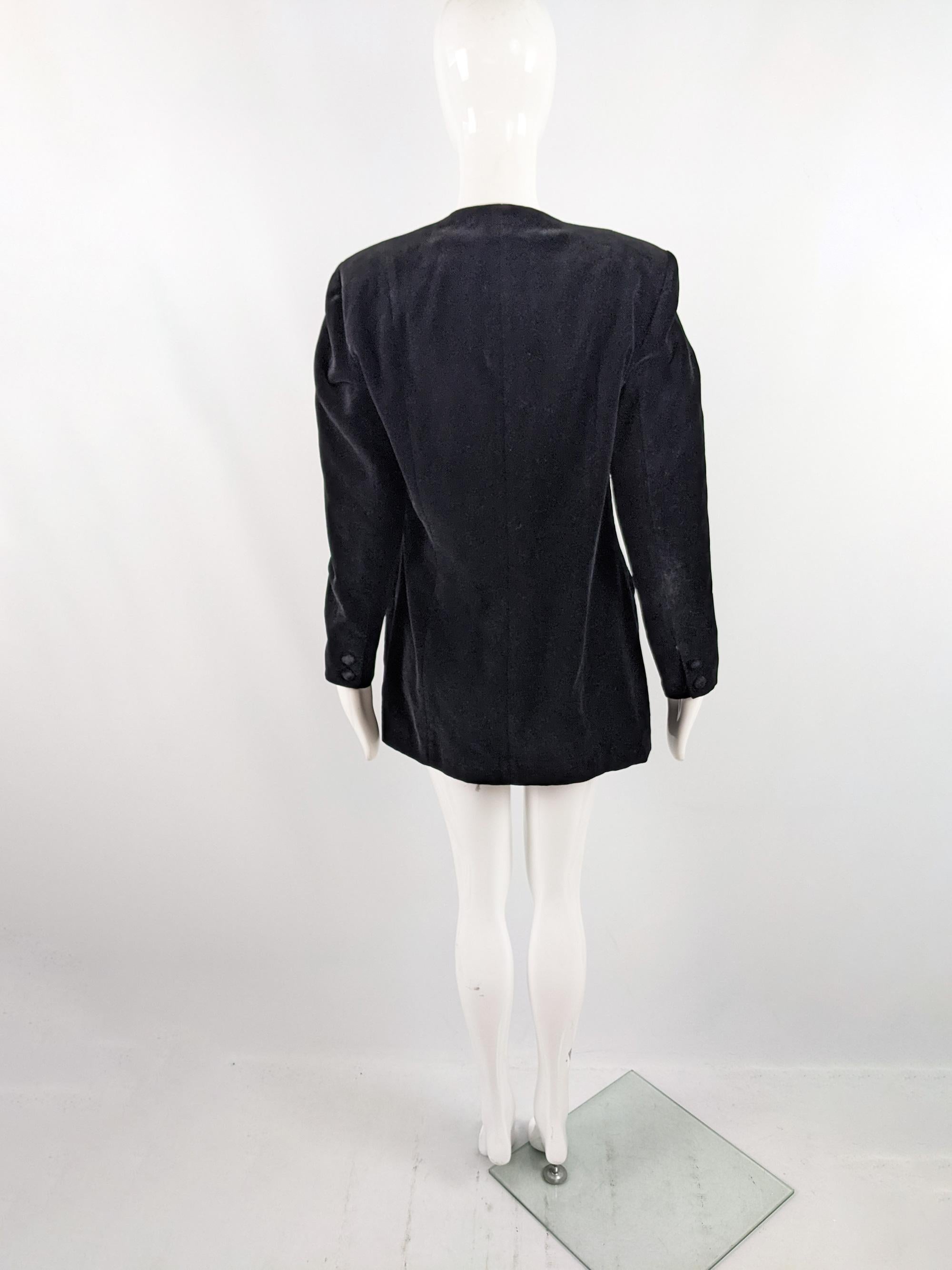 Women's Atos Lombardini Vintage 80s Womens Black Velvet Structured Shoulder Pads Jacket