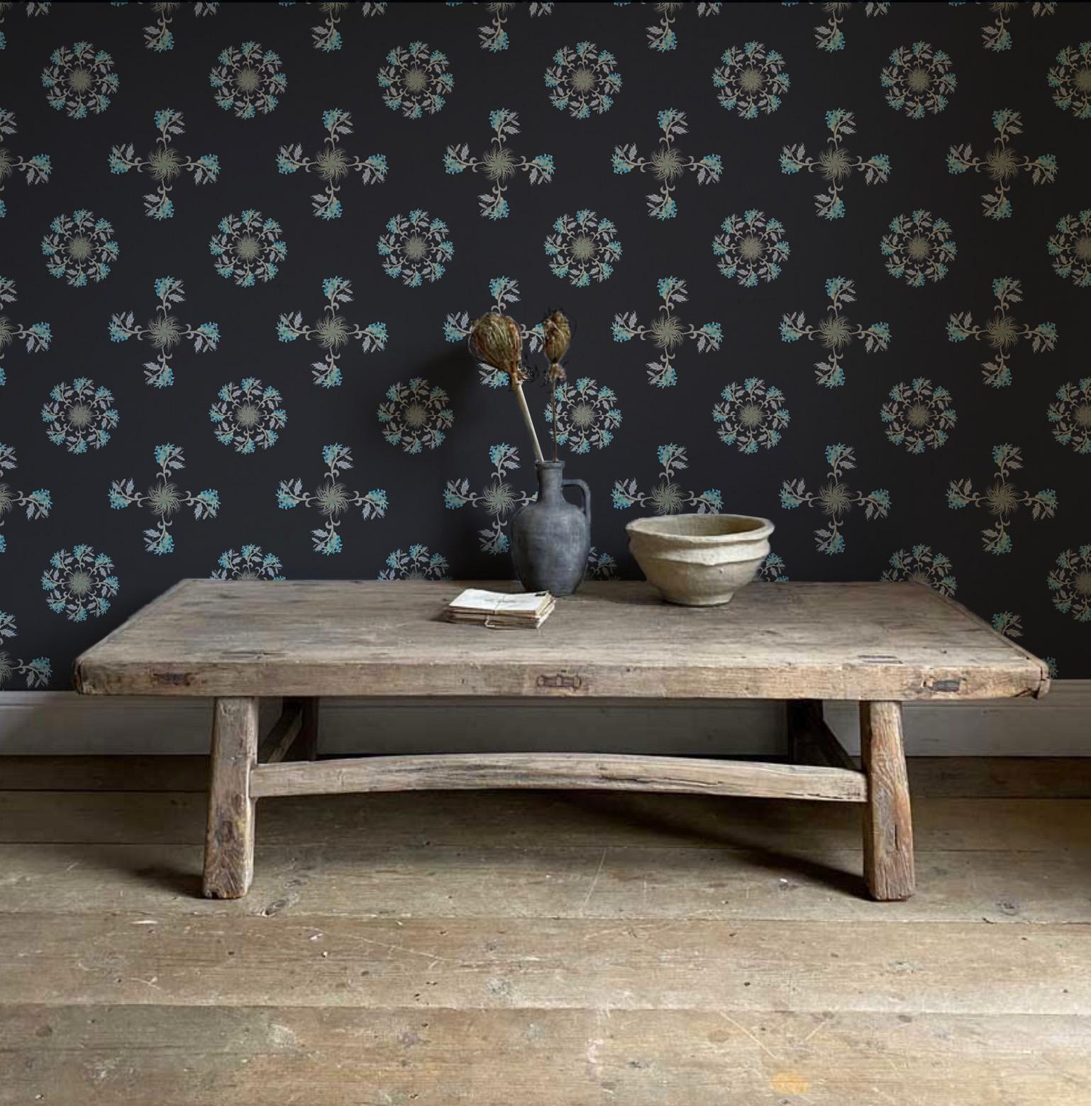 English Atra Flower Wallpaper Geometric Botanical in Slate Uncoated For Sale