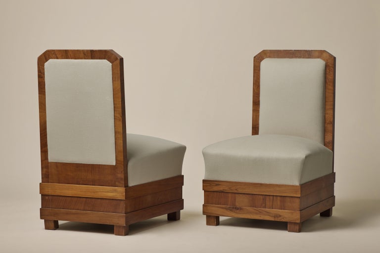 Vintage Pair of Art Deco Slipper Chairs in Wool and Wood, 1920s For Sale 5