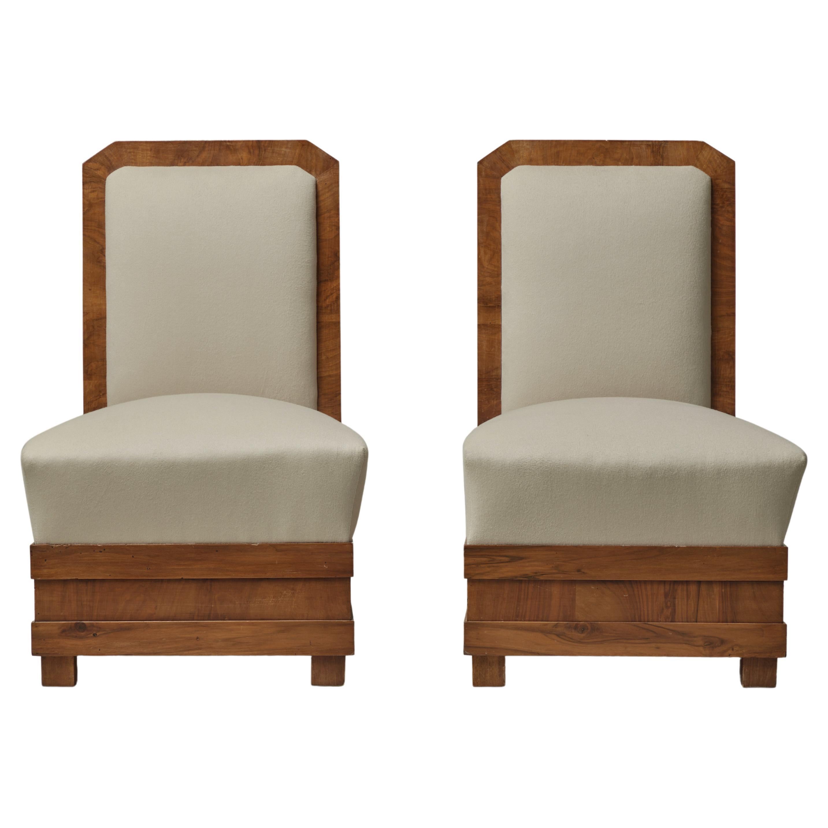 Vintage Pair of Art Deco Slipper Chairs in Wool and Wood, 1920s