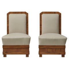 Vintage Pair of Art Deco Slipper Chairs in Wool and Wood, 1920s