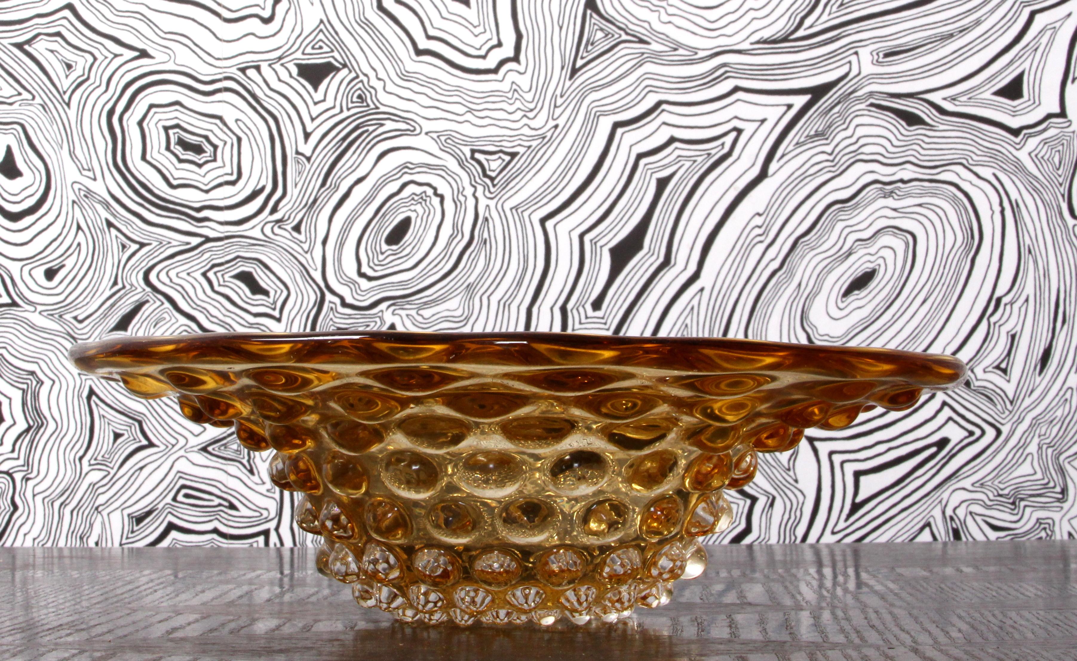 German  Barovier Seguso & Ferro Murano heavy Art Glass Bowl Honey Amber Italy  1940s  For Sale