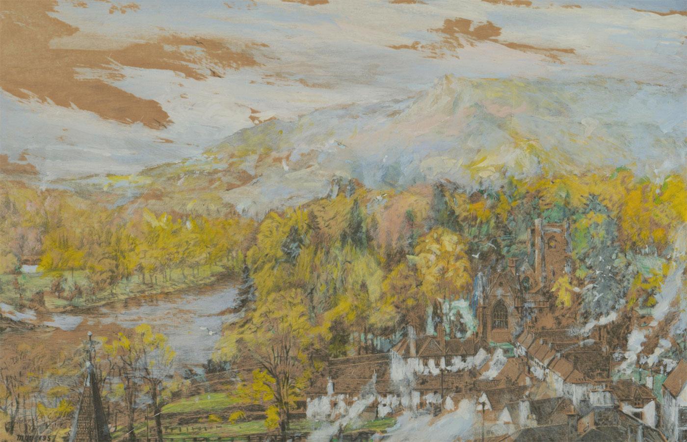 An interesting overpainted etching showing Dunkeld in Perthshire. The overpainting can be dated to 1957, as inscribed to the lower left corner. Inscribed 'View of Dunkeld, Perthshire, with the Cathedral and River Tay, painted by Harold Wyllie and