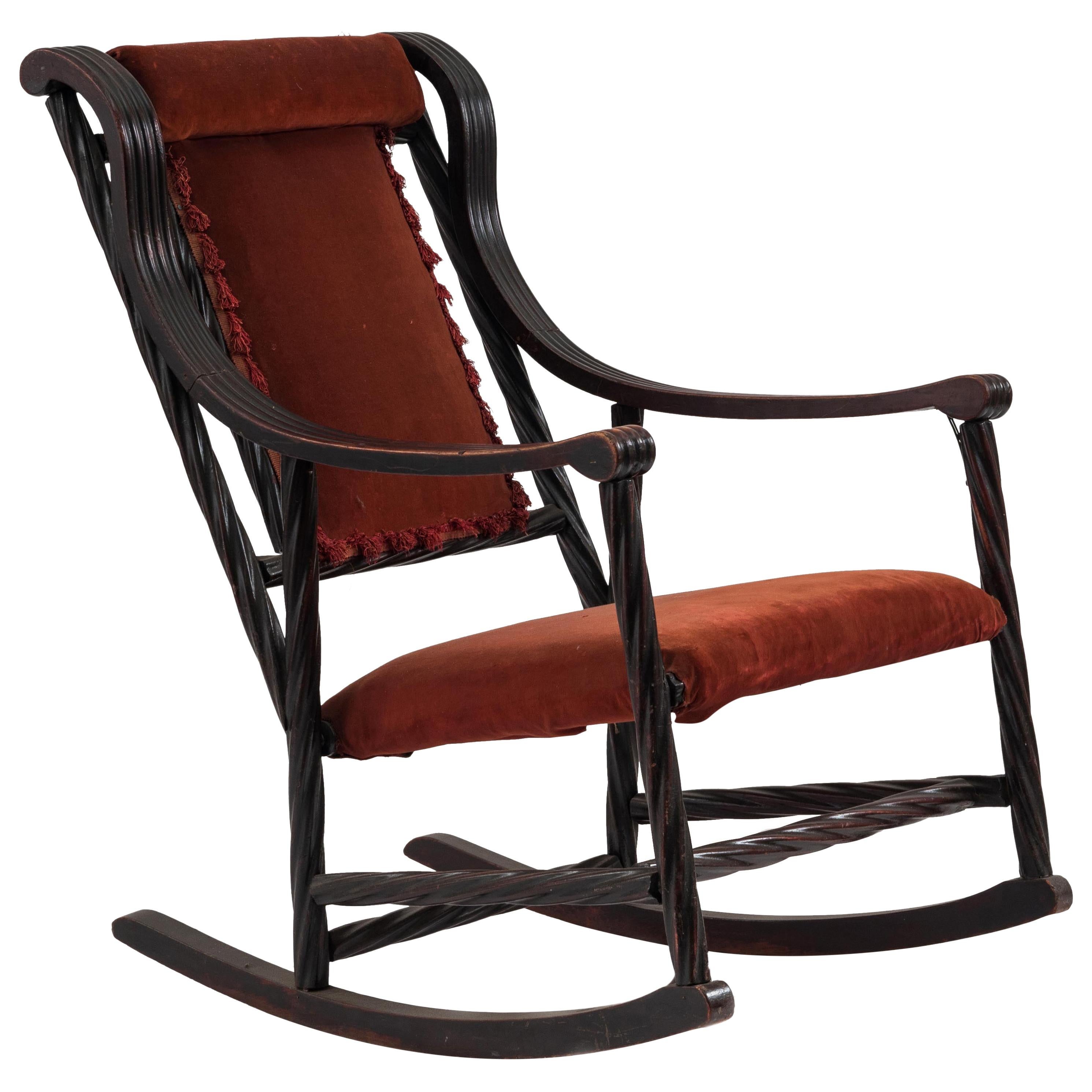 Attributed to Hunzinger American Victorian Red Velvet Rocking Chair For Sale