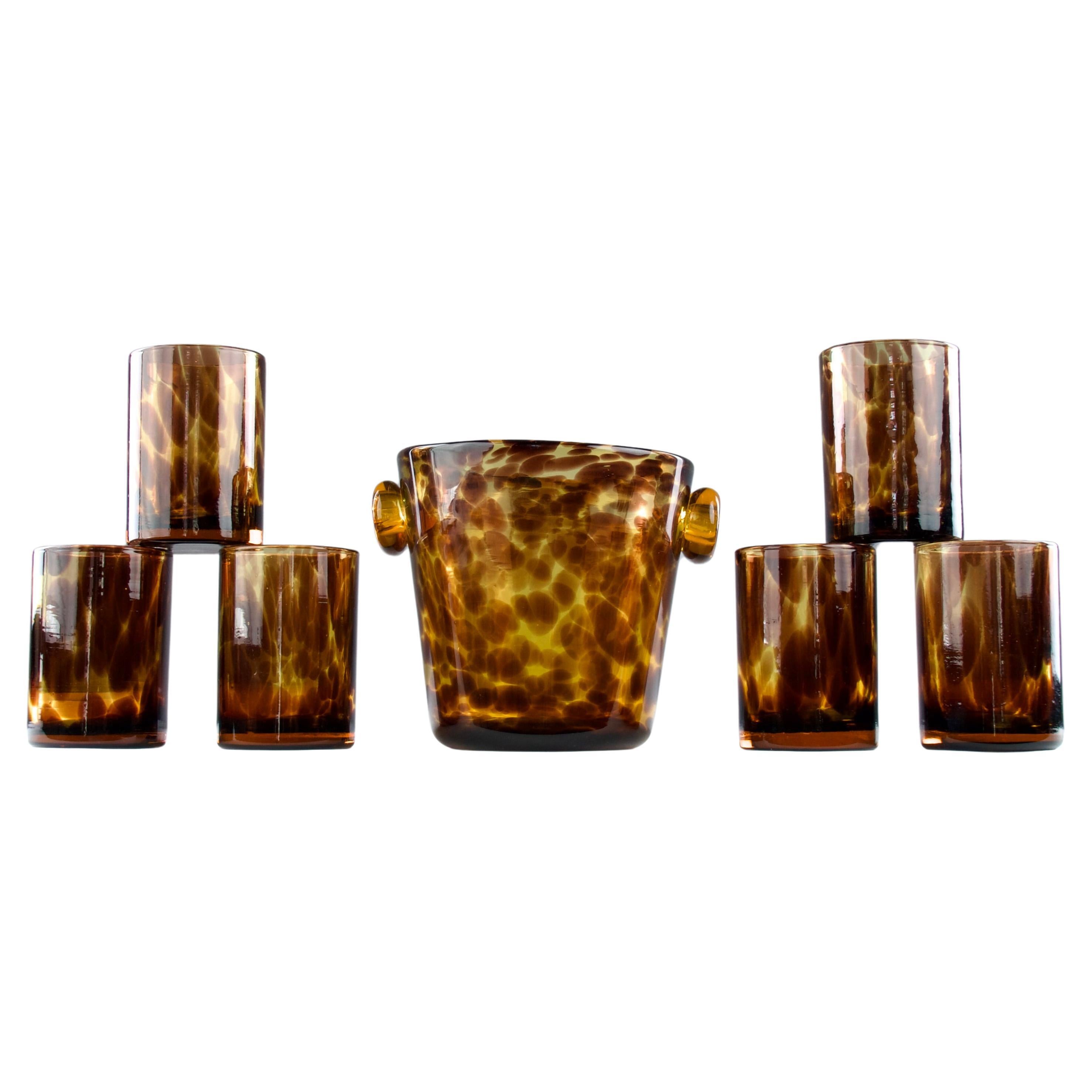 Att. to Empoli for Dior, Ice Bucket and Glasses in Tortoise Shell Pattern, 1960s