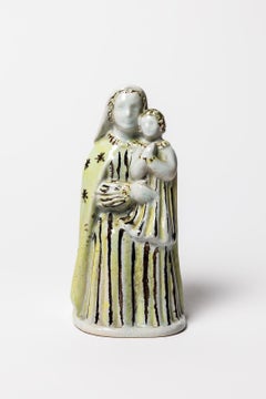 Att. to Paul Pouchol Yellow and Black Ceramic Sculpture Woman and Child 1940