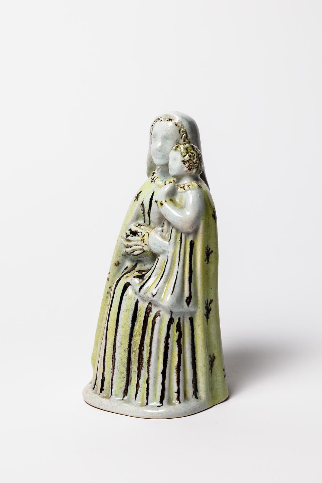 Att. zu Paul Pouchol Gelbe und schwarze Keramik-Skulptur Frau und Kind 1940 (Art déco) im Angebot