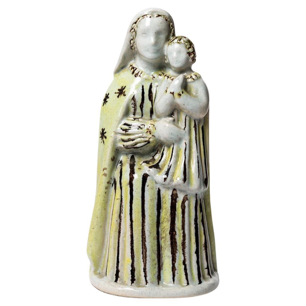 Att. to Paul Pouchol Yellow and Black Ceramic Sculpture Woman and Child 1940 For Sale