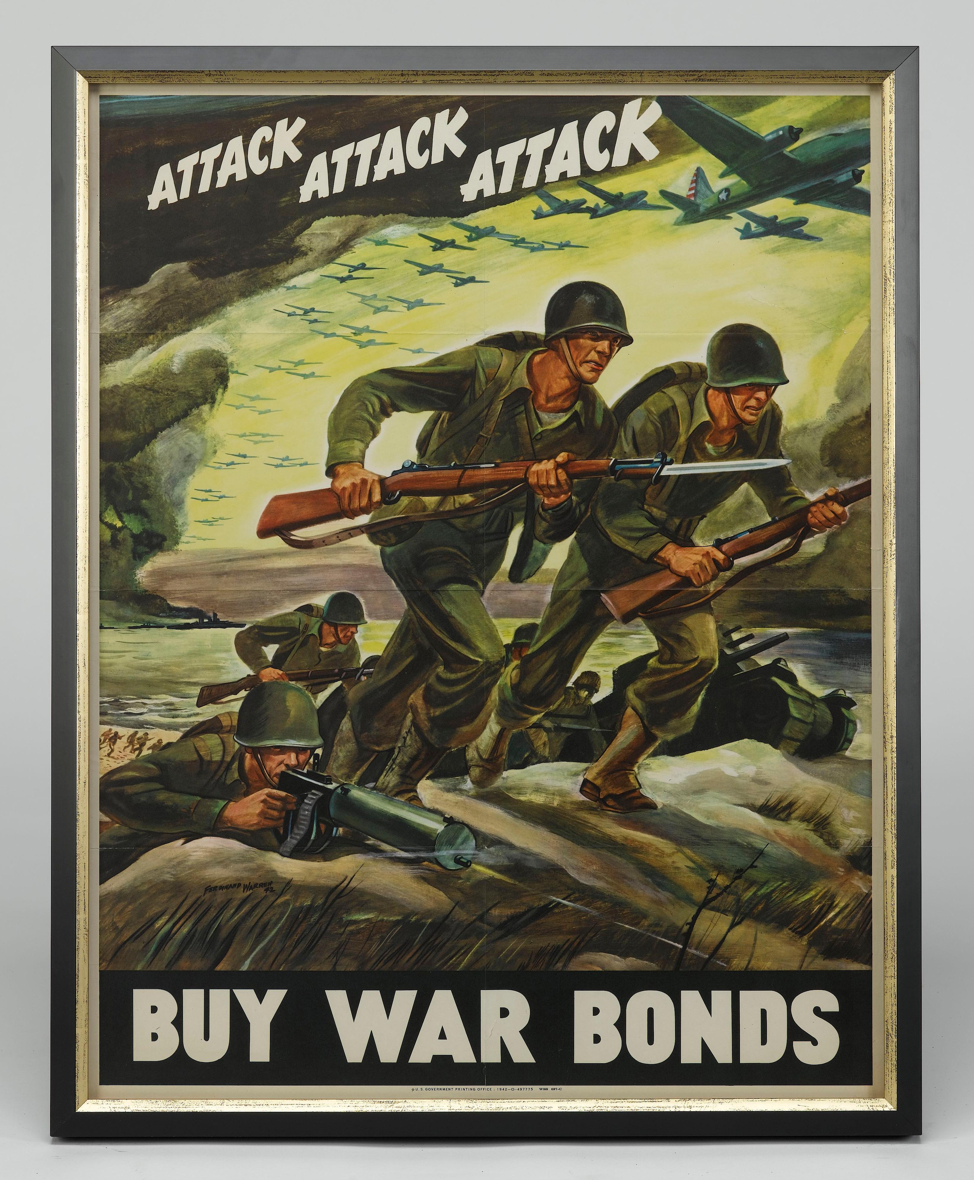 "Attack Attack Attack, Buy War Bonds" Vintage WWII Poster by F. Warren