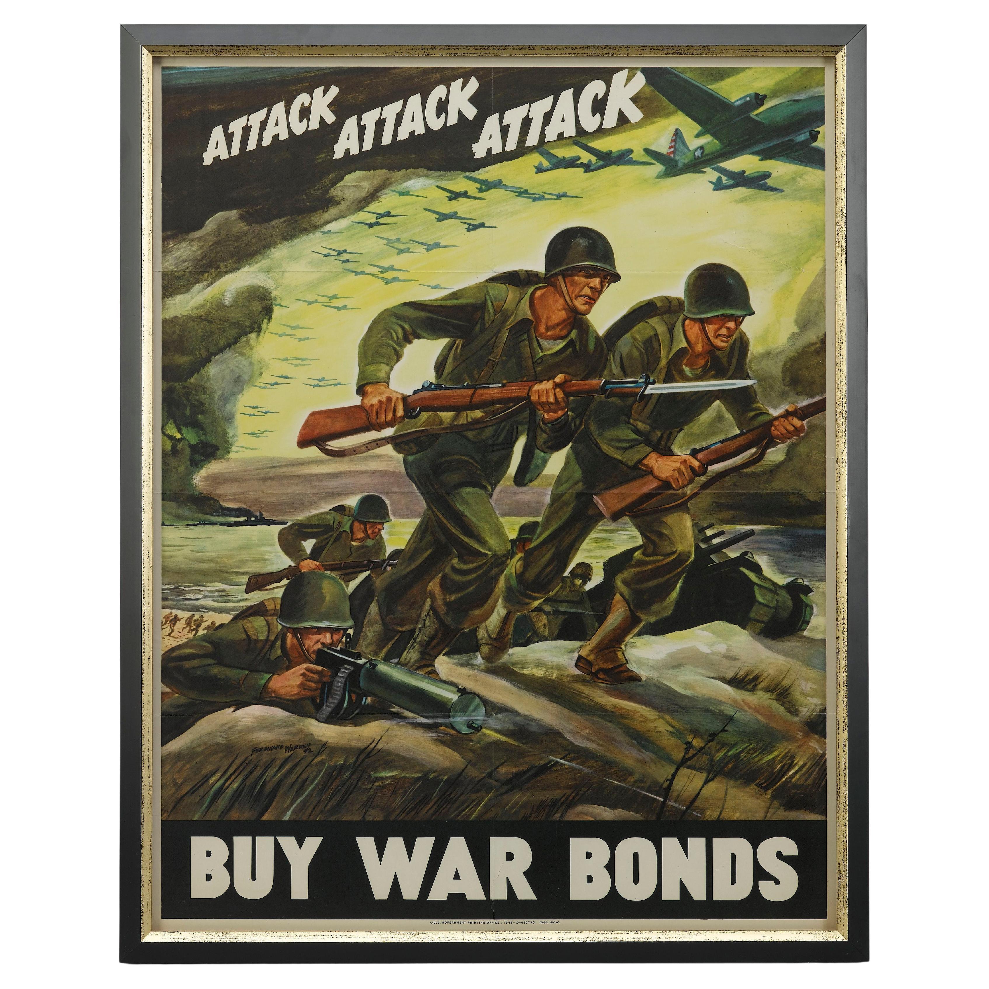 "Attack Attack Attack, Buy War Bonds" Vintage WWII Poster by F. Warren, 1942
