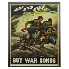 "Attack Attack Attack, Buy War Bonds" Vintage WWII Poster by F. Warren, 1942