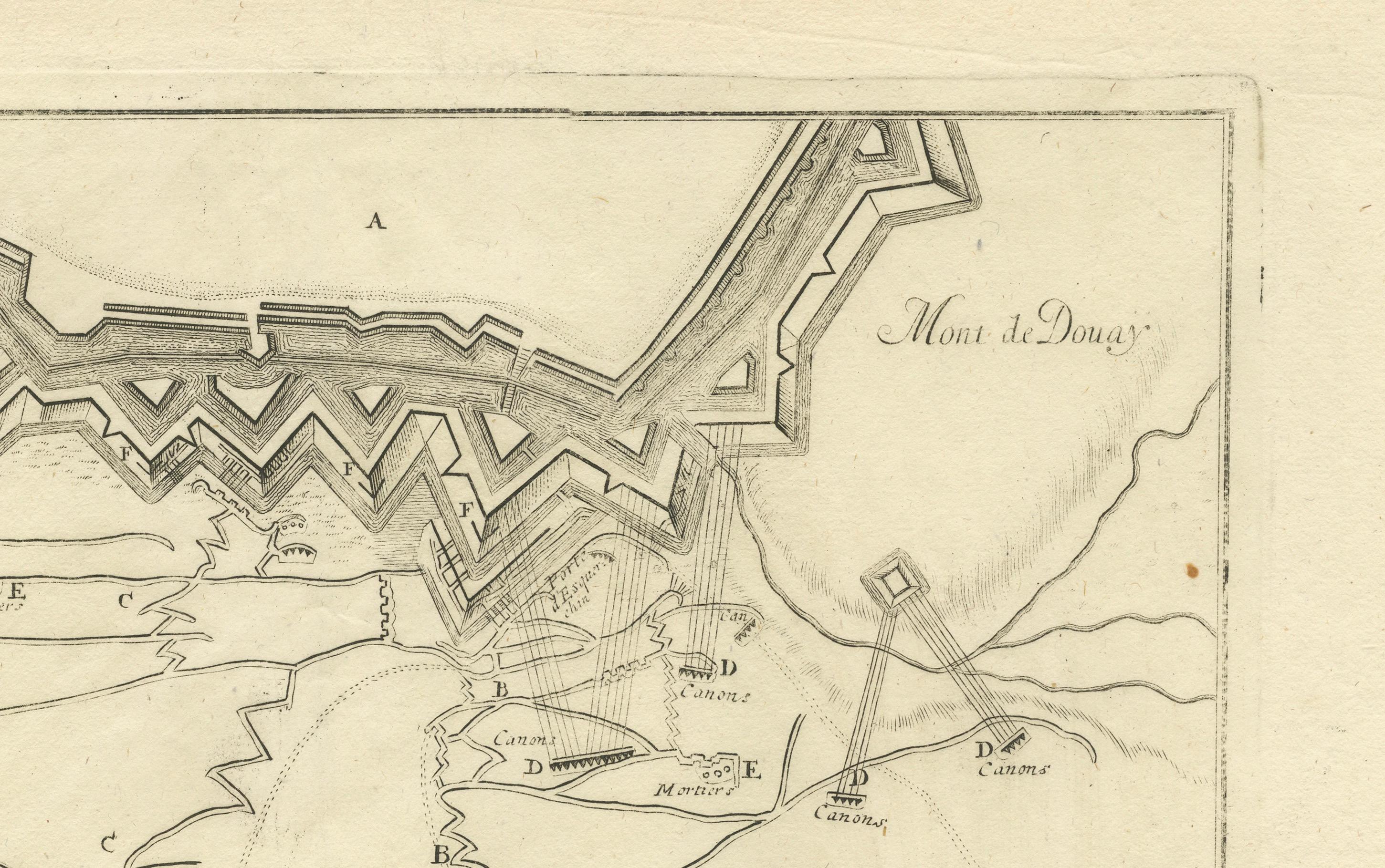 Gravé Plan d'attaque de la forteresse de Douay, France, 1710 Siège - Bruxelles c.1720 Carte en vente