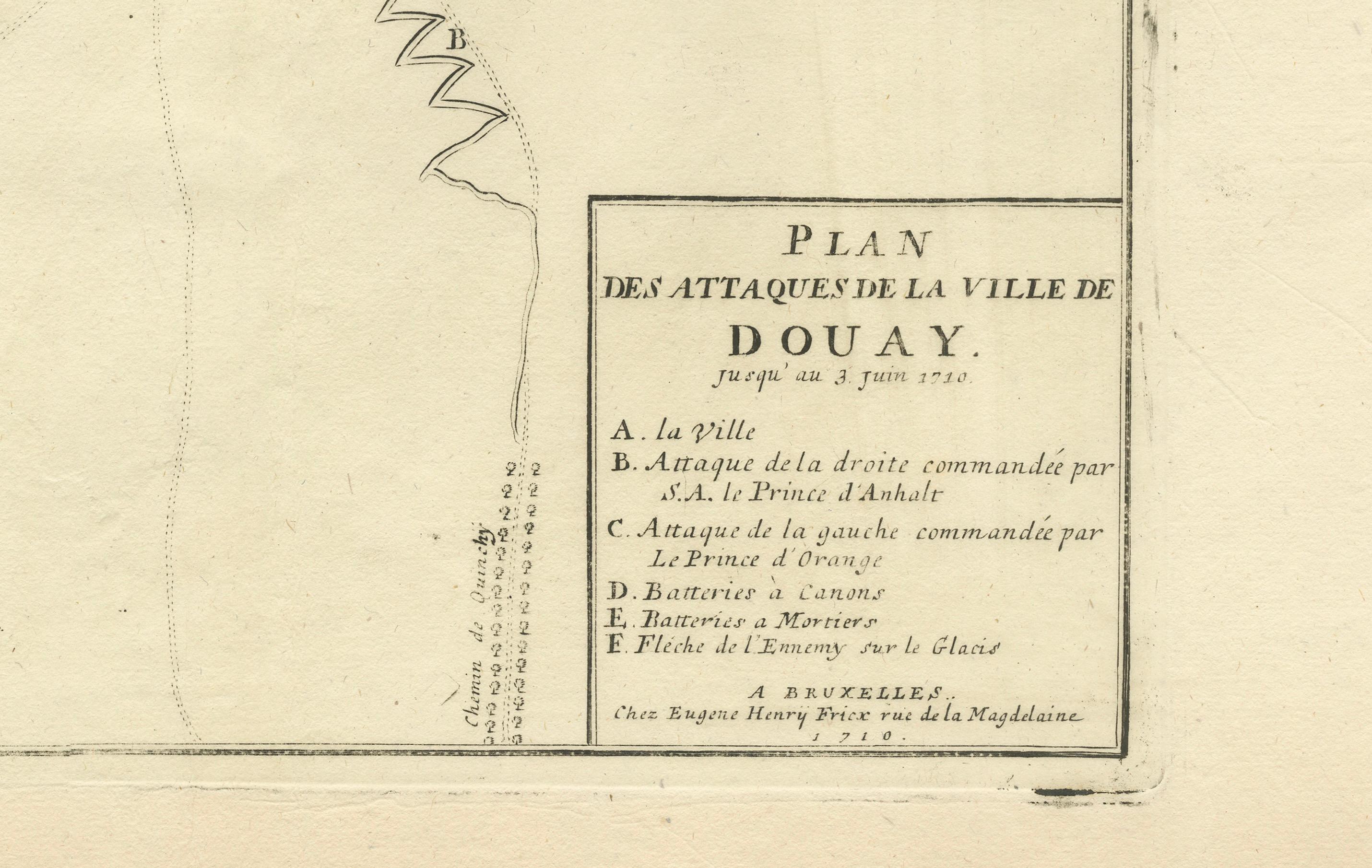 Plan d'attaque de la forteresse de Douay, France, 1710 Siège - Bruxelles c.1720 Carte Bon état - En vente à Langweer, NL