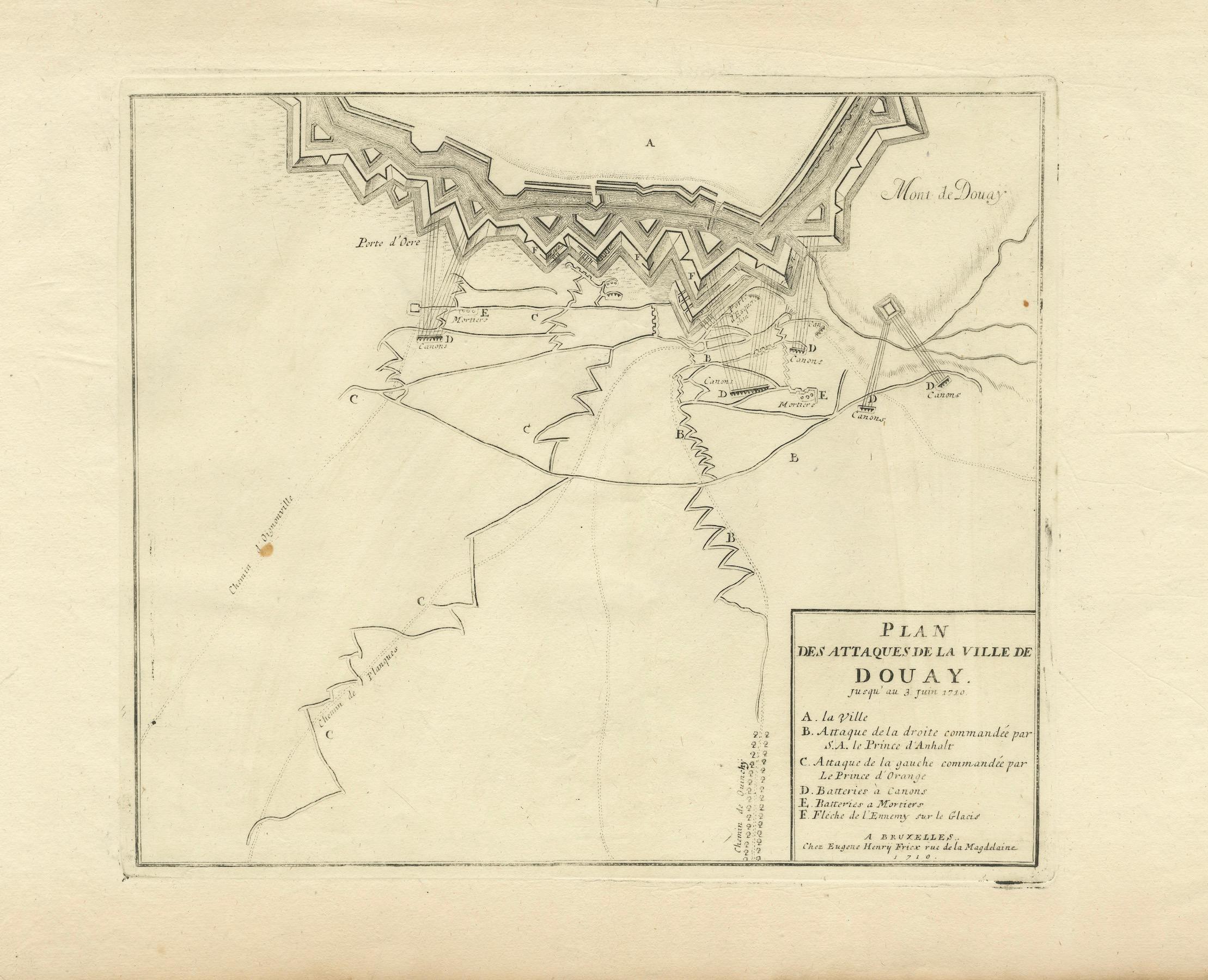 XVIIIe siècle Plan d'attaque de la forteresse de Douay, France, 1710 Siège - Bruxelles c.1720 Carte en vente