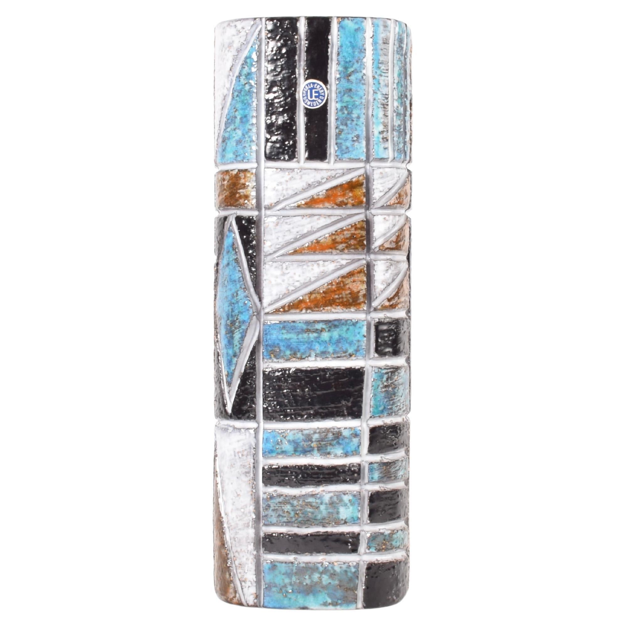 Atterberg for Upsala Ekeby "Tri" Vase Geometric Decor Blue White Brown, 1960s For Sale