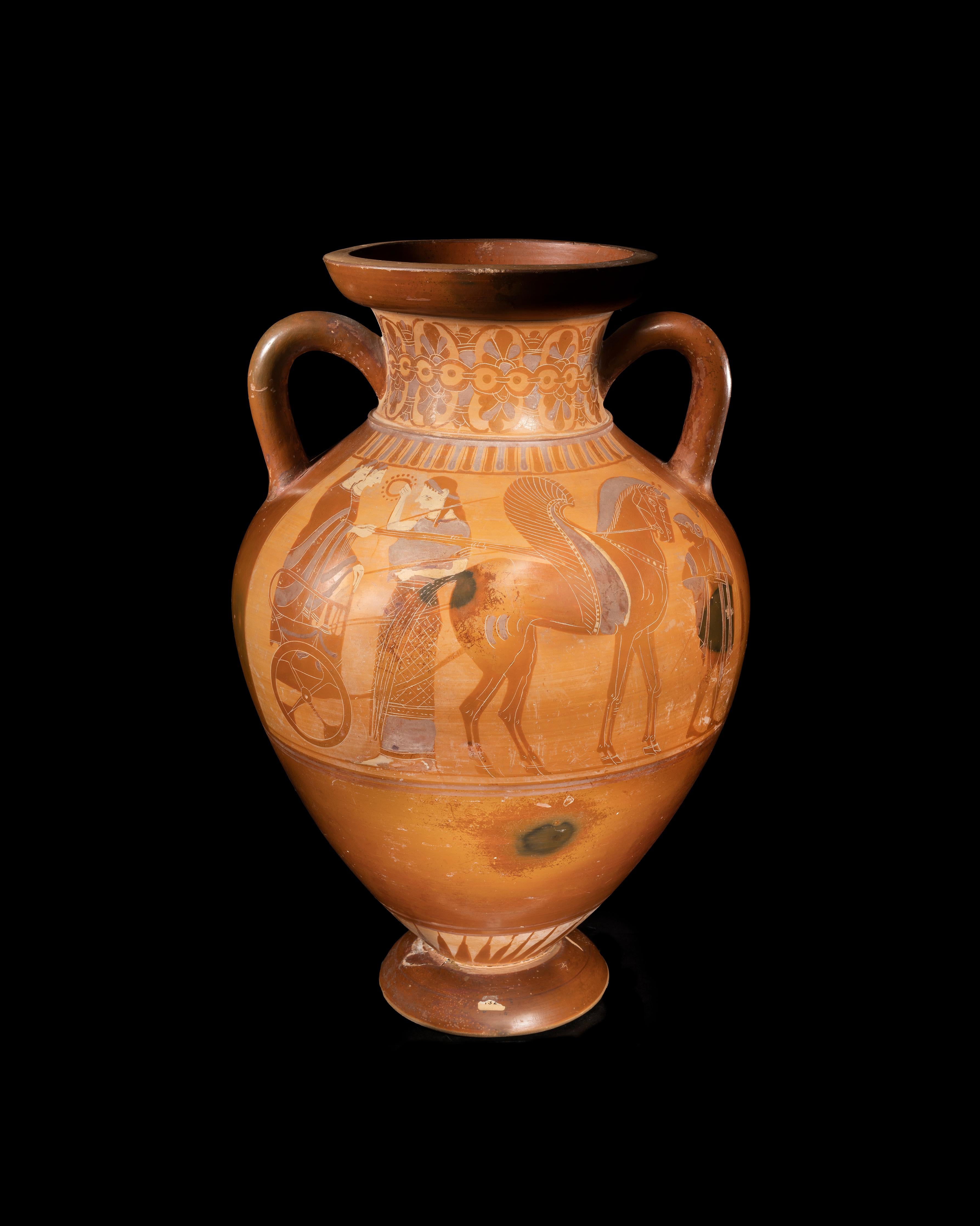 This fine Attic black-figure vase with a small foot, narrow neck and tight handles depicting on one side the fourth labour of Hercules, the capture of the wild Boar of Mount Erymanthus, showing the hero delivering the defeated boar to Eurystheus,