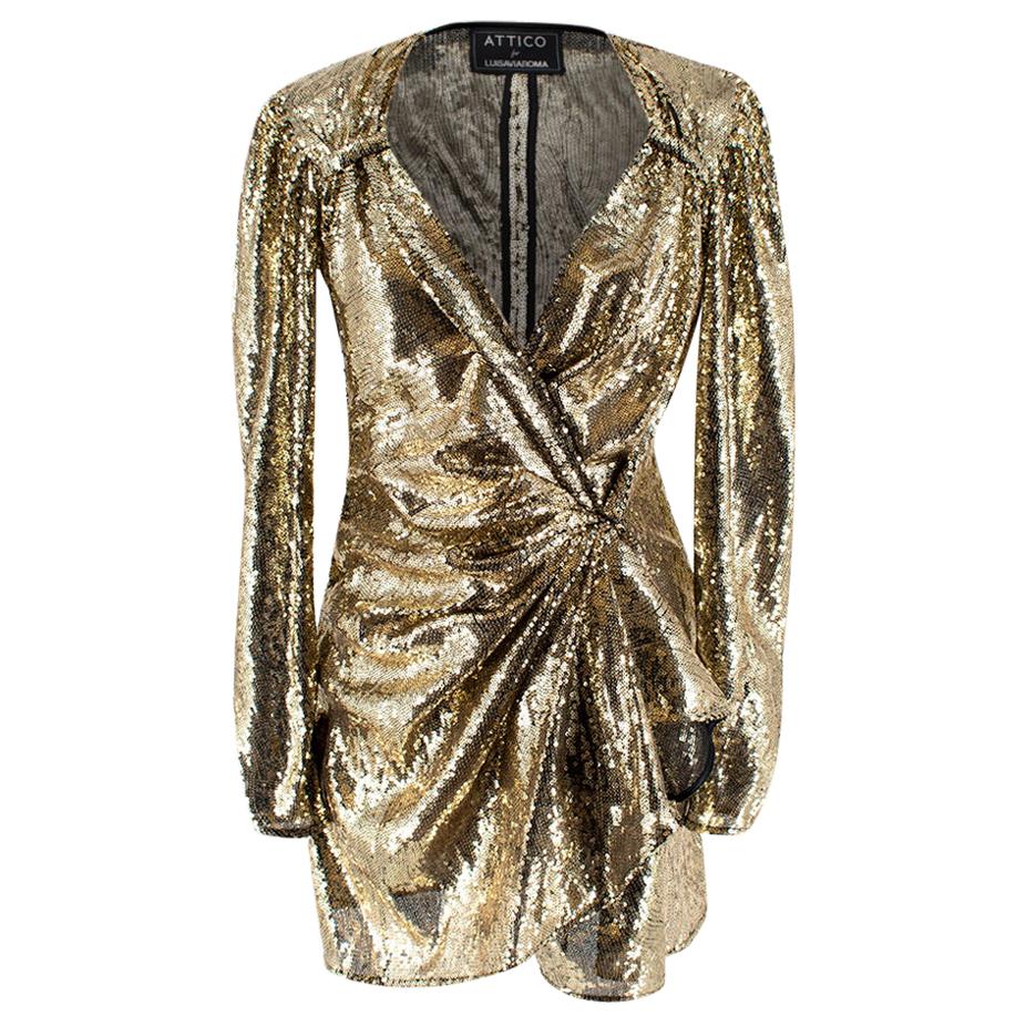 Attico for Luisaviaroma Gold Sequin Tie-Waist Mini Dress - Size US 4