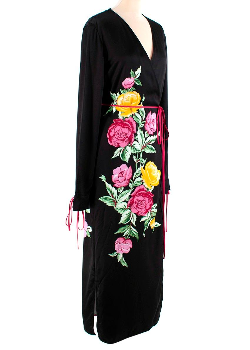 Attico Grace Floral Print Black Satin Kimono-Style Wrap Dress

-  Multicolour floral motif on front and back
- Black satin base, with fuschia corded satin wrist ties and self-tie waist
- Plunging V-neckline
- Ankle-length hemline with side splits
-