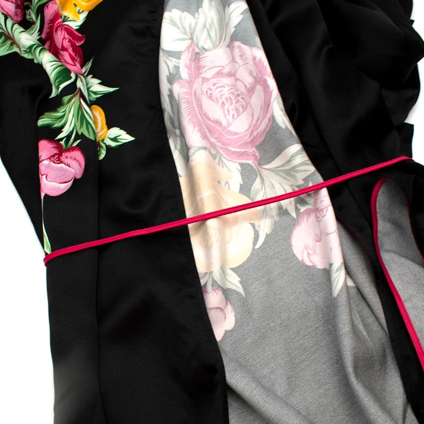 Women's Attico Grace Floral Print Black Satin Kimono-Style Wrap Dress For Sale