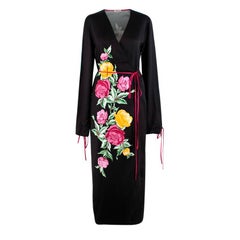 Attico Grace Floral Print Black Satin Kimono-Style Wrap Dress